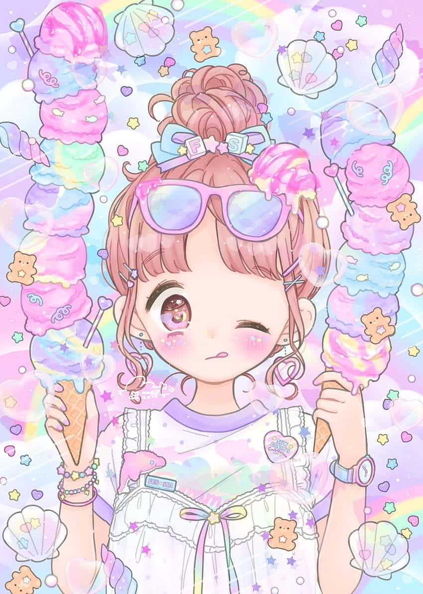Ice Cream 桌布 壁紙 — 一個開心的動漫女孩，粉紅色頭髮戴太陽眼鏡，在閃閃發光的粉彩背景前拿著巨大的彩虹冰淇淋甜筒。