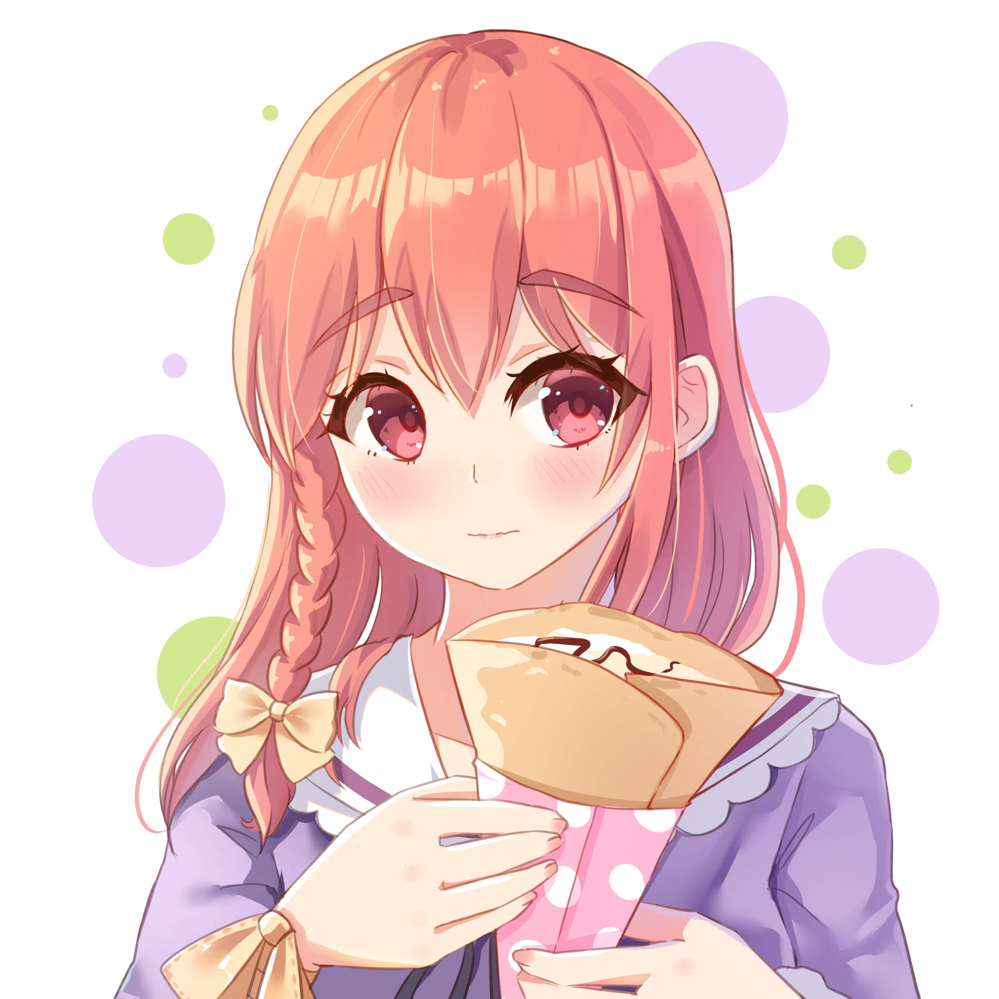Girlfriend 桌布 壁紙 — 一個開心的動漫女孩，粉紅色頭髮編成辮子，拿著包好的糕點，背景是柔和的粉彩圓點圖案。