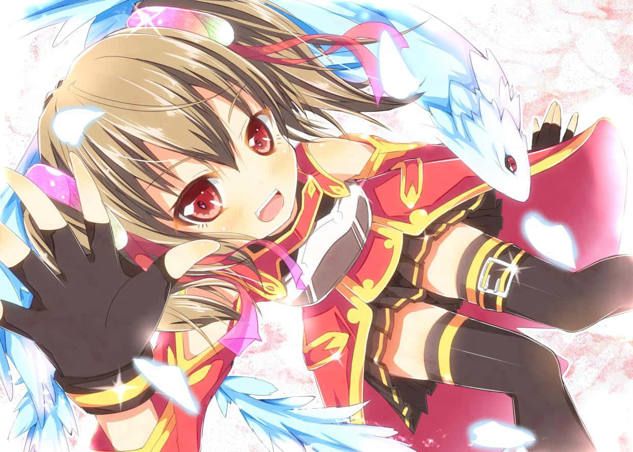 Sword Art Online Silica 桌布 壁紙 — 一個開心的動漫女孩，紅眼睛、金髮，穿著紅金色服裝，微笑著向前伸手，周圍有發光的藍色能量效果。