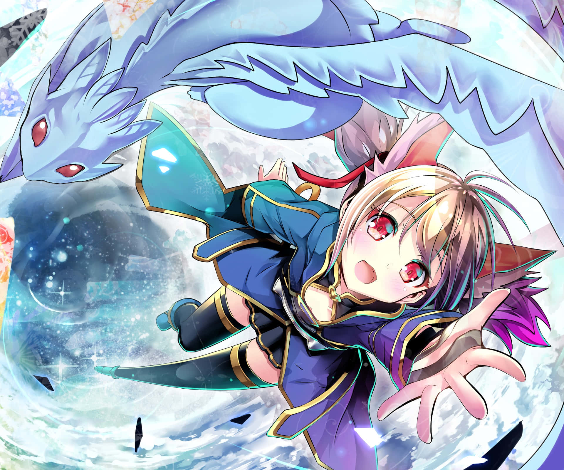 Sword Art Online Silica 桌布 壁紙 — 一個開心的動漫女孩，紅眼睛和狐狸耳朵，騎著一條藍龍穿過閃爍的宇宙天空。