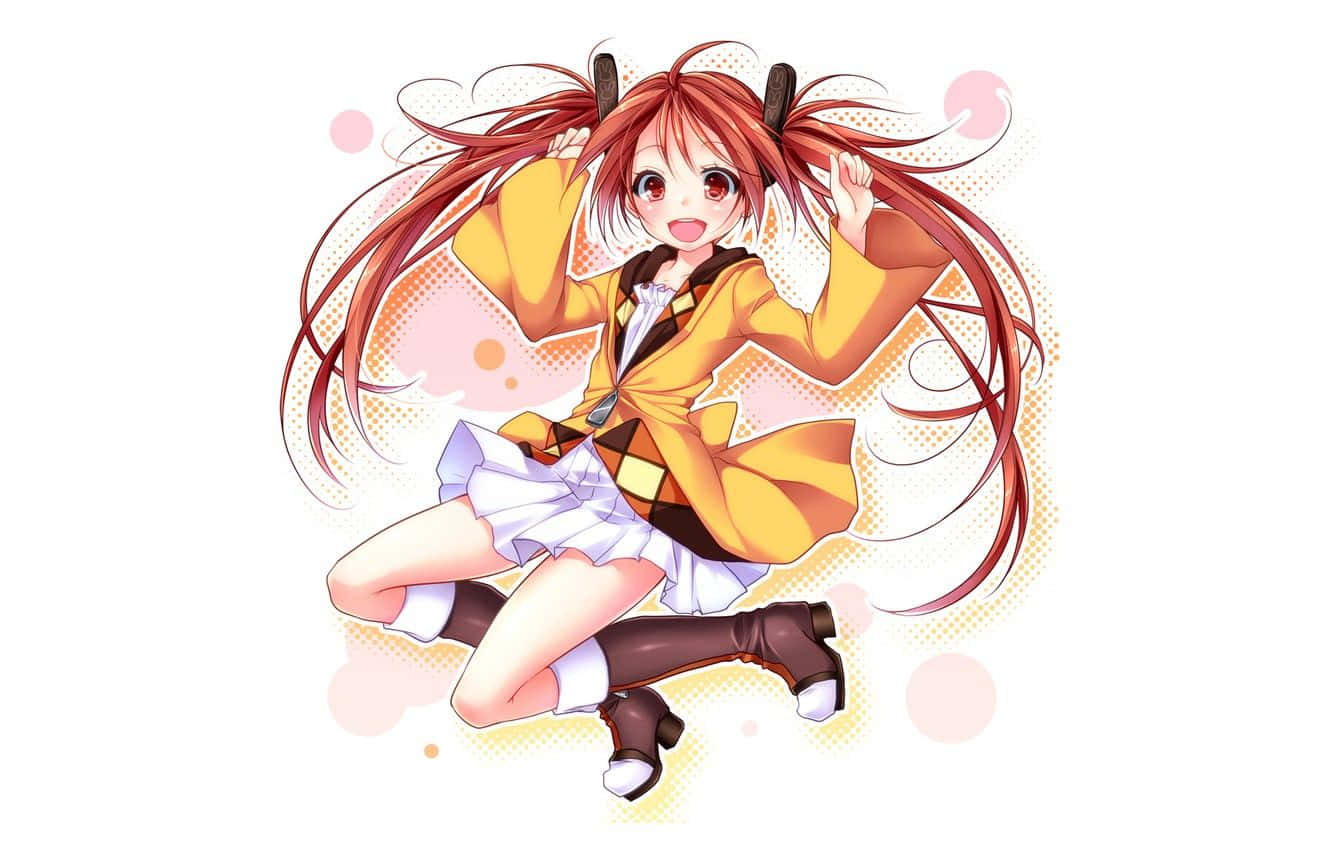黑色子彈 桌布 壁紙 — 一個開心的動漫女孩，紅色雙馬尾和角，穿著黃色格紋外套和白色裙子，歡快地跳躍。