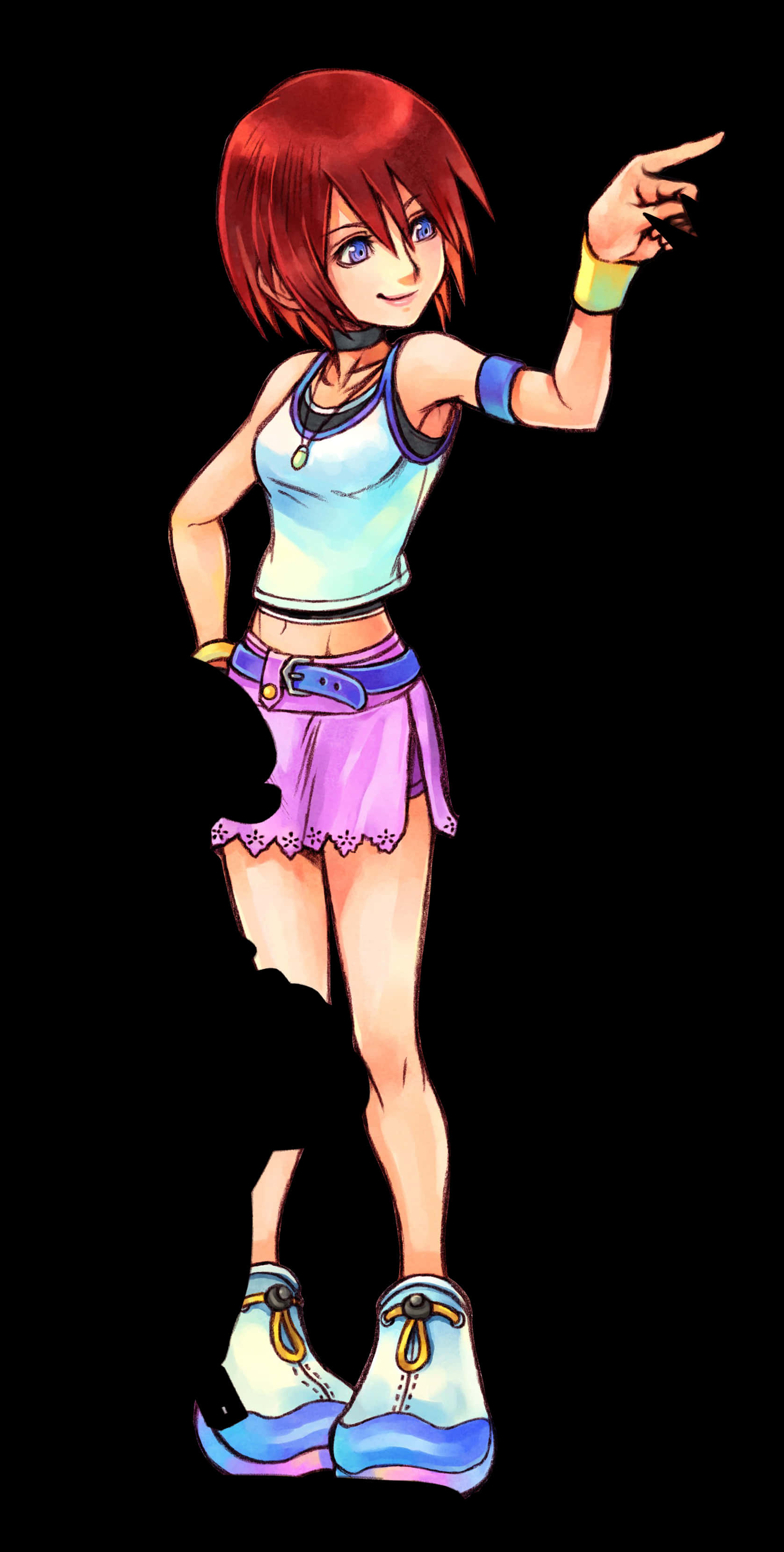 Kingdom Hearts Kairi 桌布 壁紙 — 一個開心的動漫女孩，紅髮，穿著色彩繽紛的服裝，在黑色背景前指向前面。