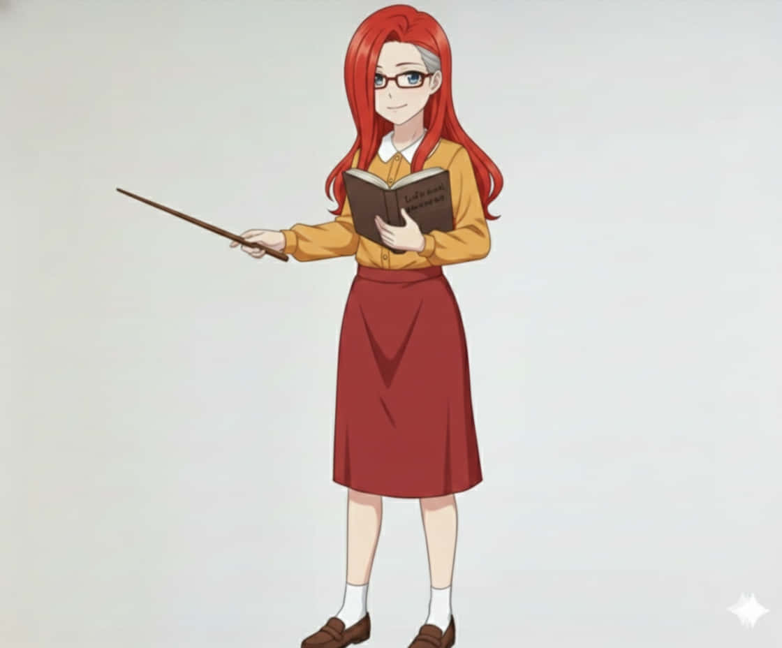 women 桌布 壁紙 — 一個開心的動漫女孩，紅髮戴眼鏡，拿著書本和魔杖，穿著黃色襯衫和紅色裙子。
