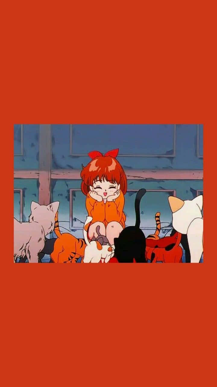 桌布 壁紙 — 一個開心的動漫女孩，紅髮戴蝴蝶結，坐在藍色窗牆前，被各種貓咪圍繞。