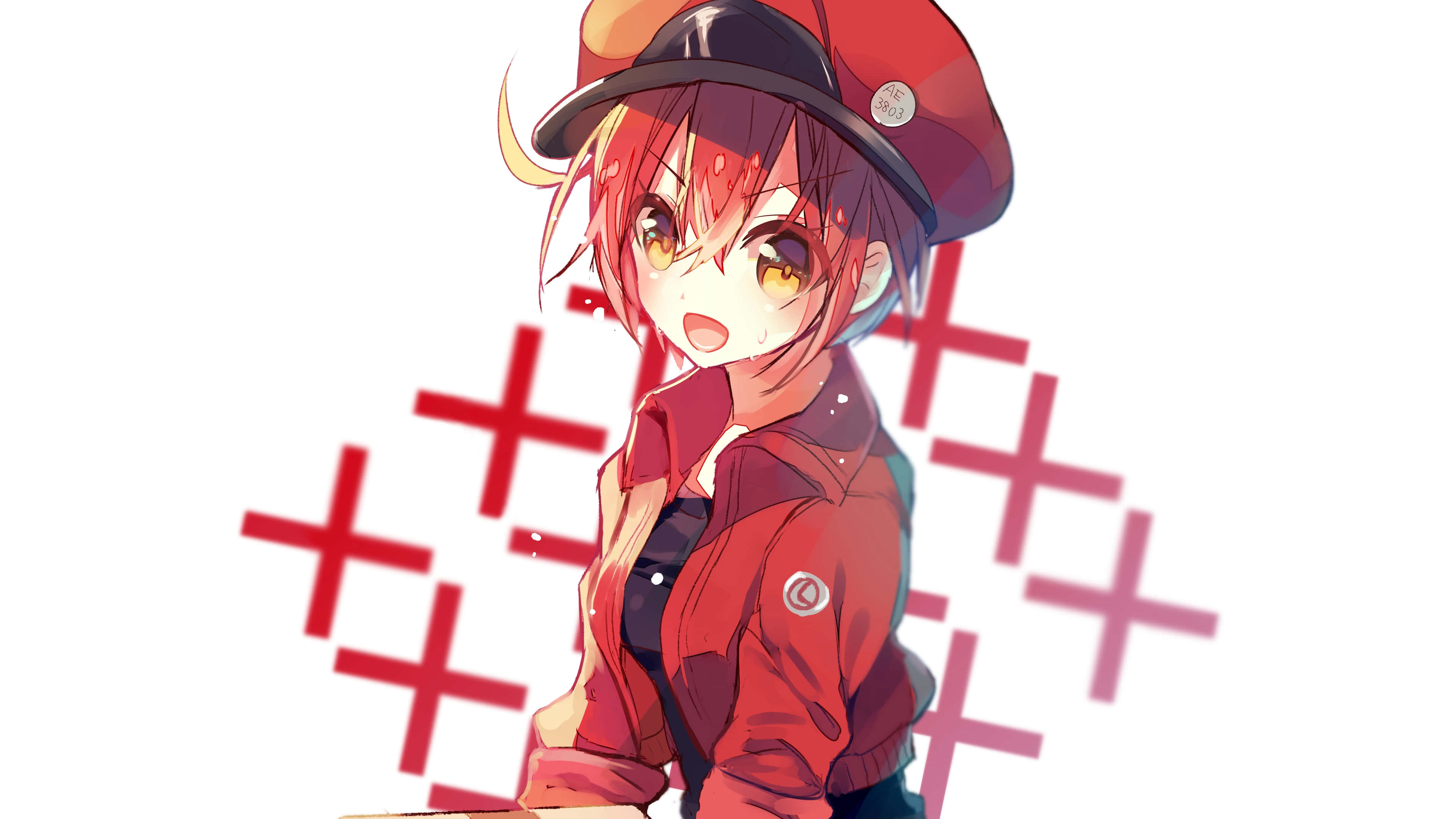 Cells At Work 桌布 壁紙 — 一個開心的動漫女孩，紅髮紅帽，穿著紅色外套，在白色背景上有紅色十字架，微笑著。