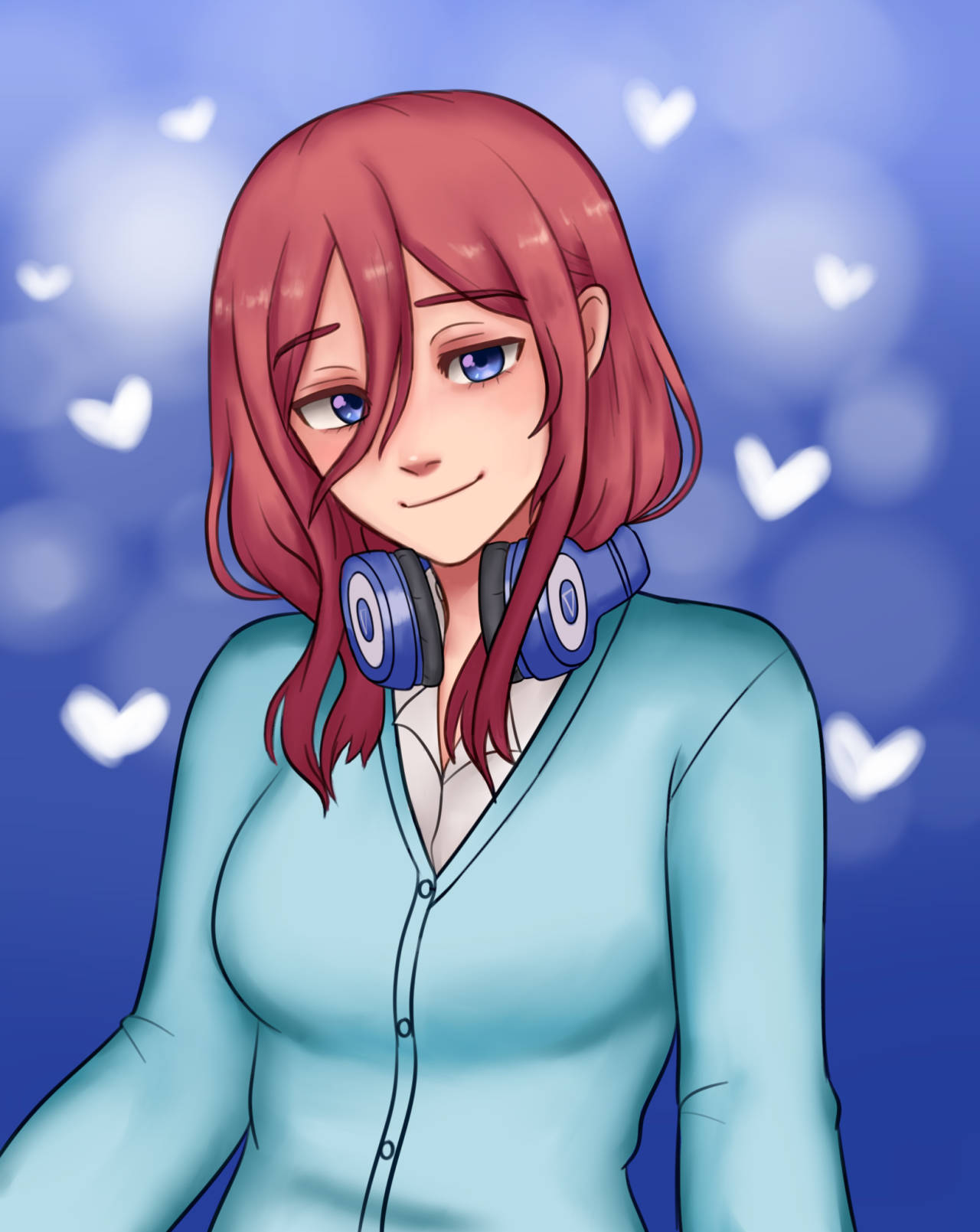 miku 桌布 壁紙 — 一個開心的動漫女孩，紅髮藍色耳機，在點綴著白色心形的夢幻藍色背景前溫柔微笑。
