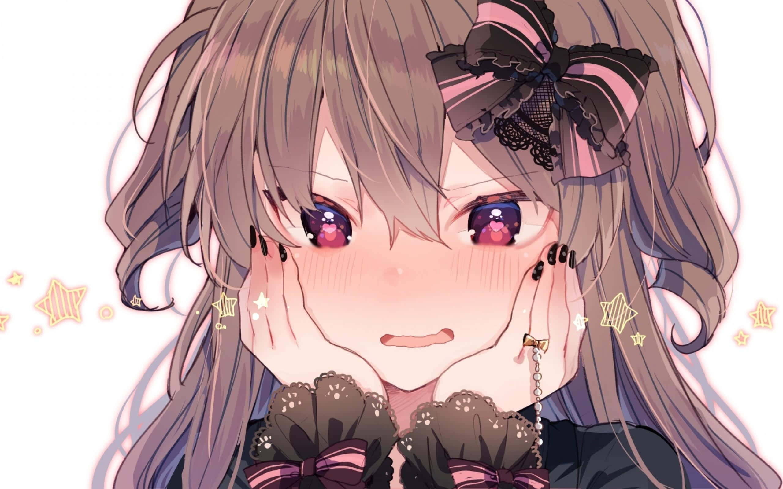 動漫 桌布 壁紙 — 一個開心的動漫女孩，紫色眼睛，棕色頭髮，戴著黑色蕾絲蝴蝶結，微笑著捧著臉頰。