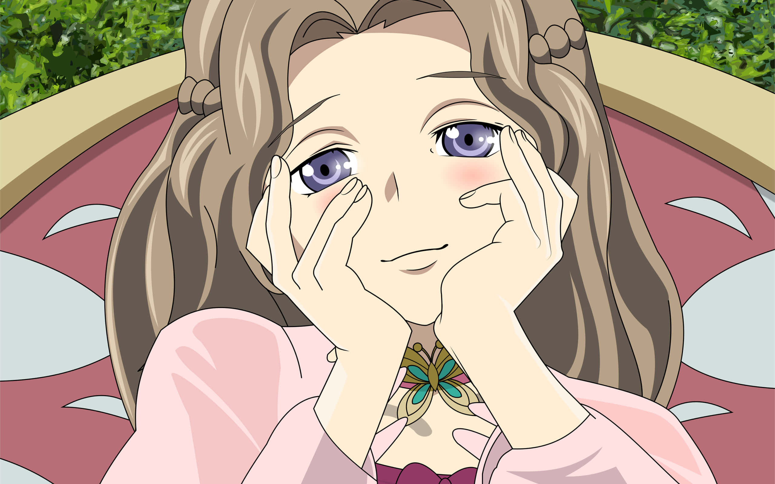 Nunnally Lamperouge 桌布 壁紙 — 一個開心的動漫女孩，紫色眼睛和棕色頭髮，在戶外微笑，雙手托腮。