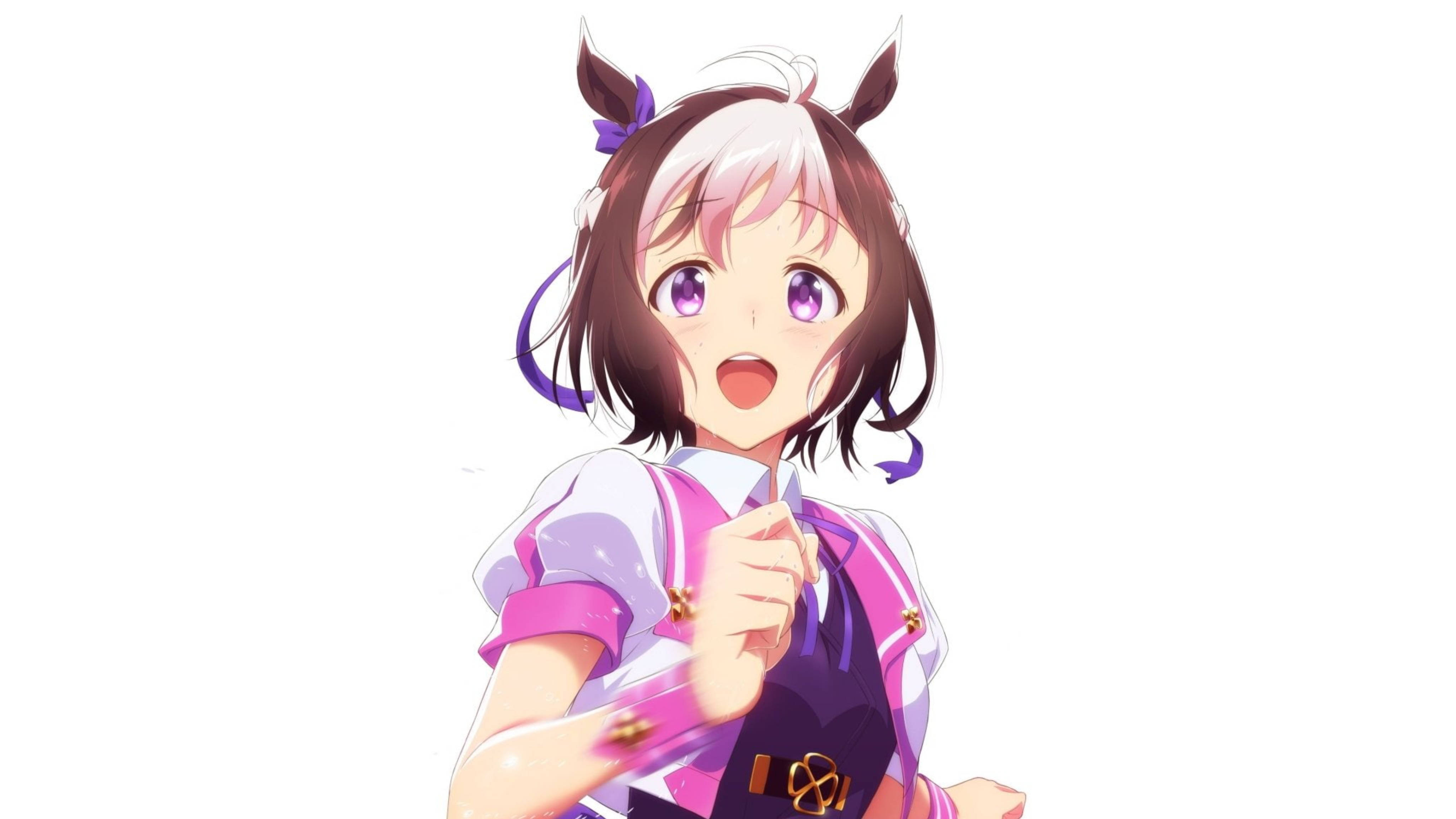 Uma 桌布 壁紙 — 一個開心的動漫女孩，紫色眼睛和馬耳朵，穿著粉紅色和白色的服裝，微笑著向前指。