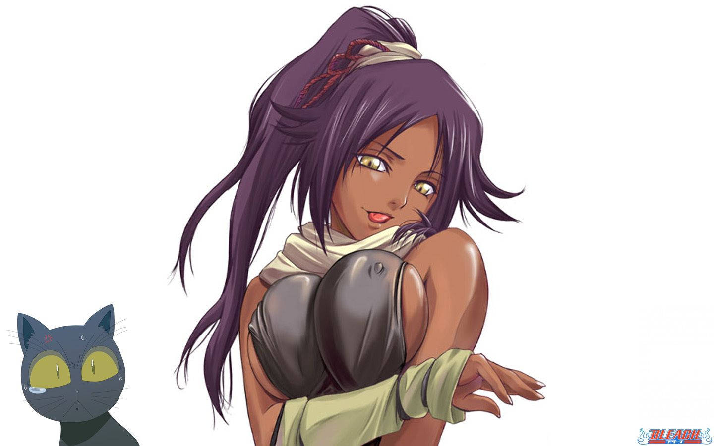 Yoruichi 桌布 壁紙 — 一個開心的動漫女孩，紫色頭髮，和一隻黃眼睛的黑貓，站在純白色背景前。