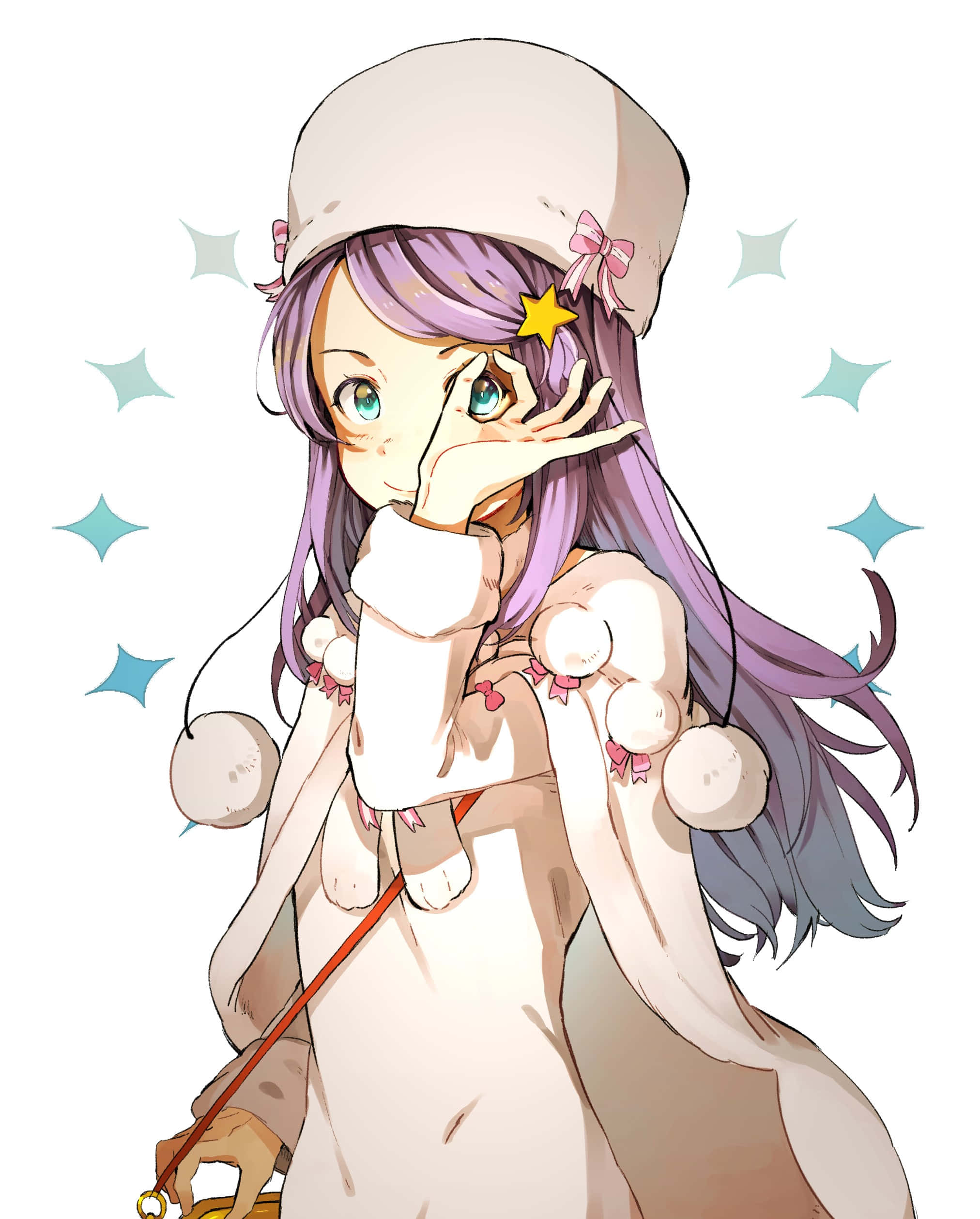 Anastasia Hoshin 桌布 壁紙 — 一個開心的動漫女孩，紫色頭髮，戴著白色帽子，用手頑皮地遮住一隻眼睛，周圍有閃爍的星星。