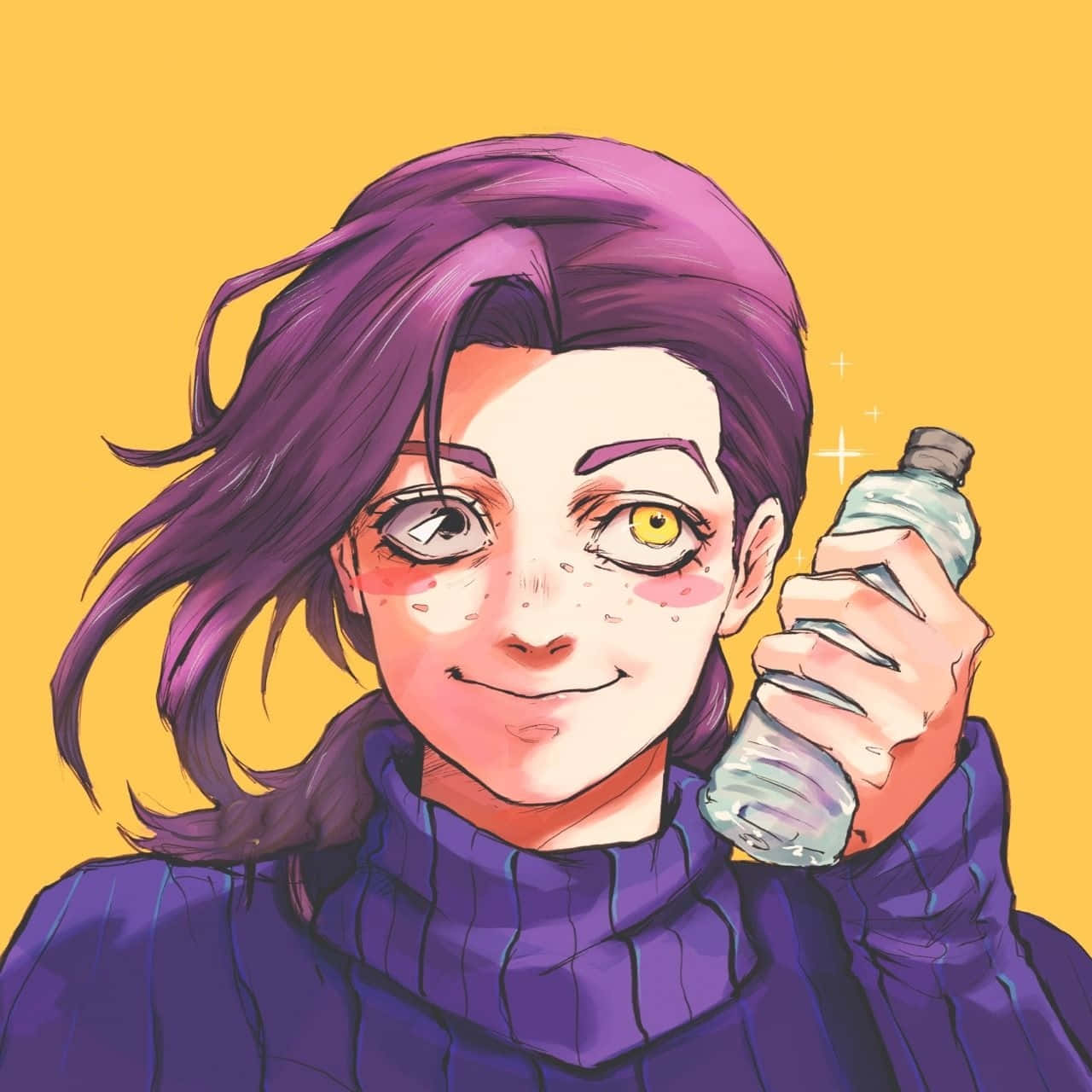 Vinegar Doppio 桌布 壁紙 — 一個開心的動漫女孩，紫色頭髮，異色瞳，在純黃色背景前拿著一個水壺。