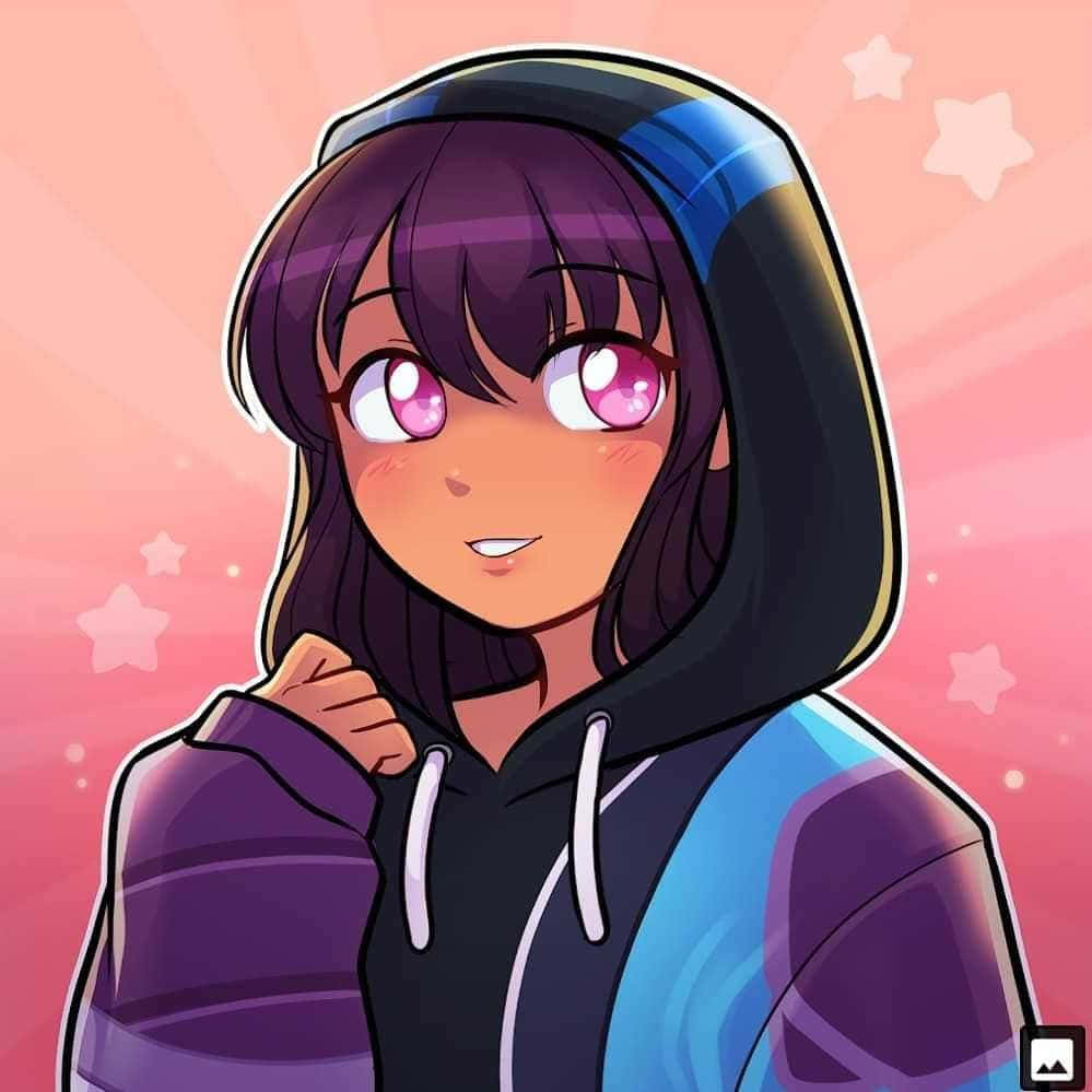 Aphmau 桌布 壁紙 — 一個開心的動漫女孩，紫色頭髮，發光的粉紅色眼睛，穿著彩色連帽衫，在星空粉紅色背景下微笑。