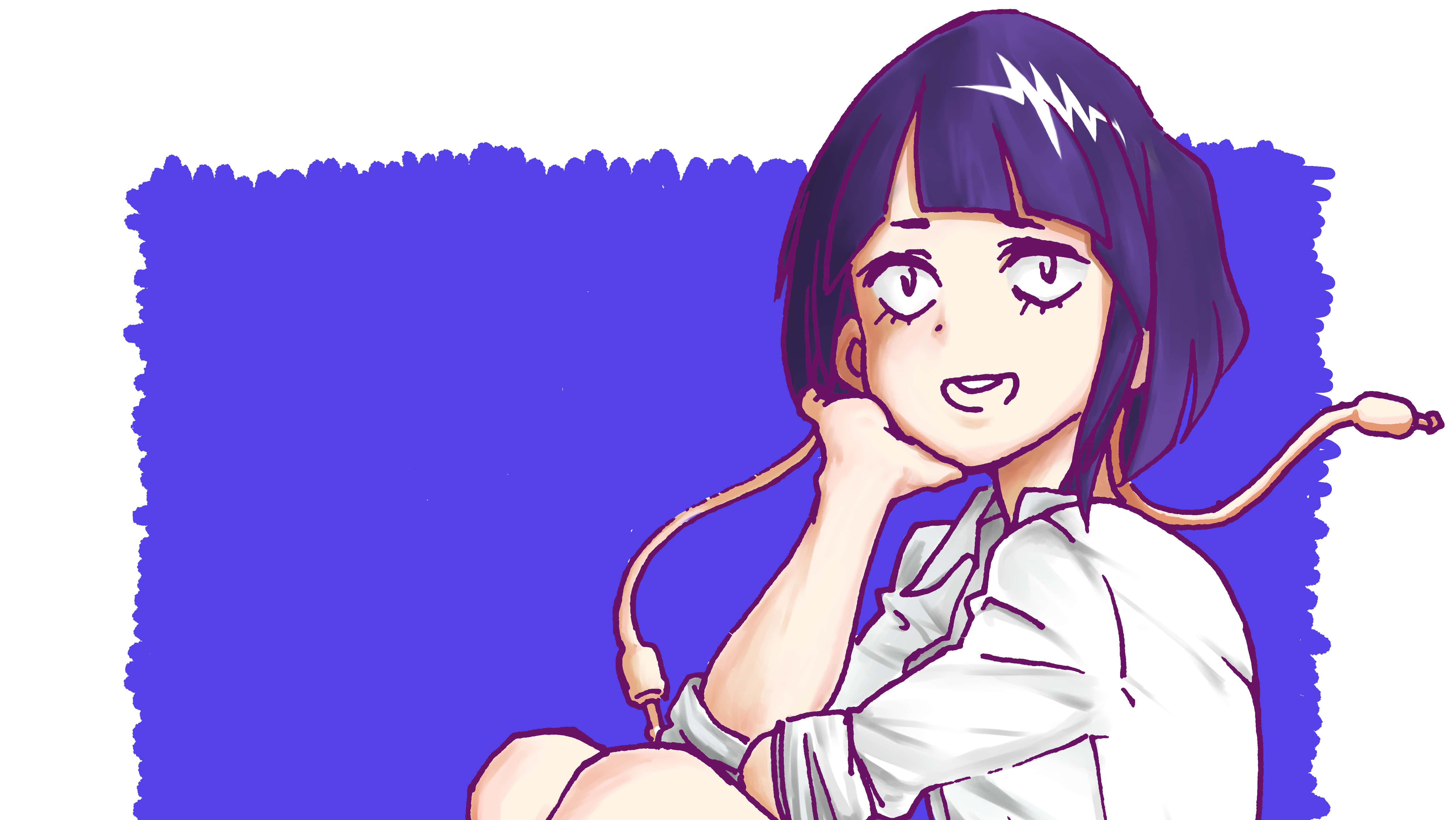 Kyoka Jiro 桌布 壁紙 — 一個開心的動漫女孩，紫色頭髮，白色襯衫，在鮮豔的藍色背景前微笑，手托著下巴。