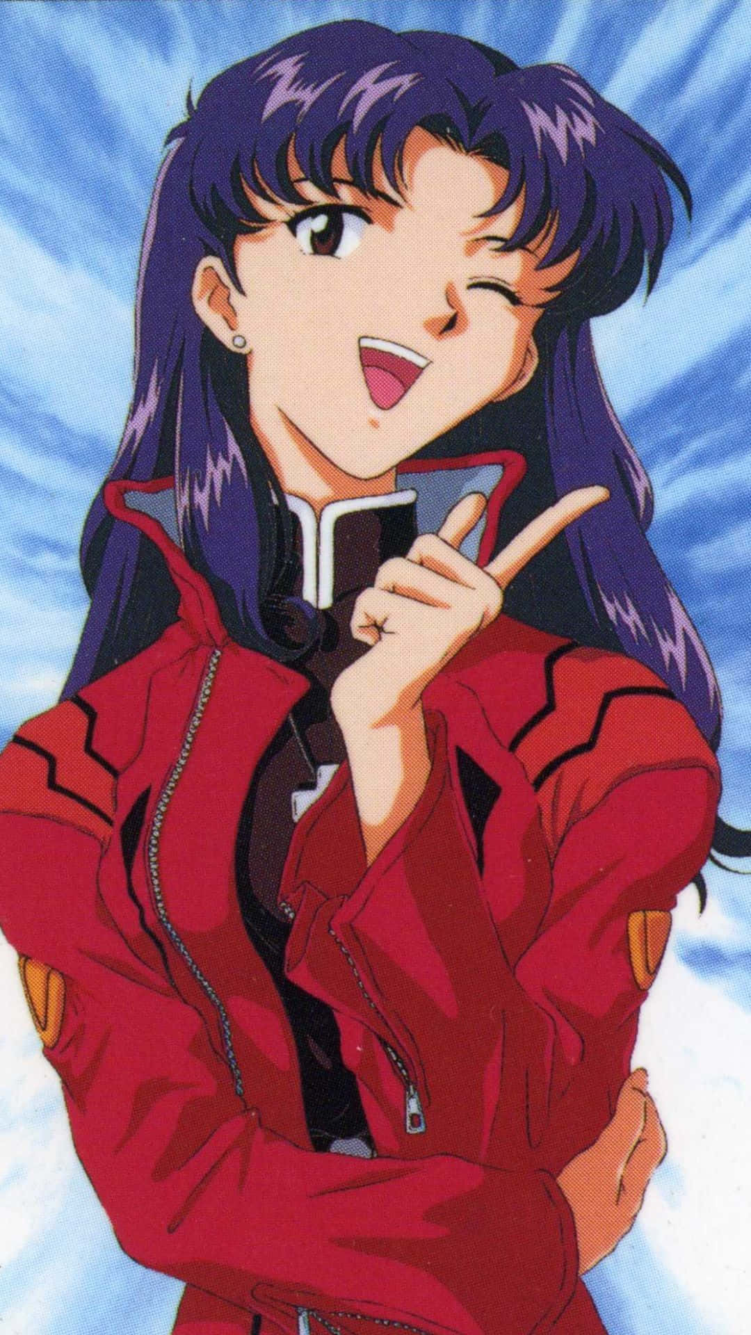 Misato Katsuragi 桌布 壁紙 — 一個開心的動漫女孩，紫色頭髮，眨著眼並指著，穿著紅色外套，背景是藍天。