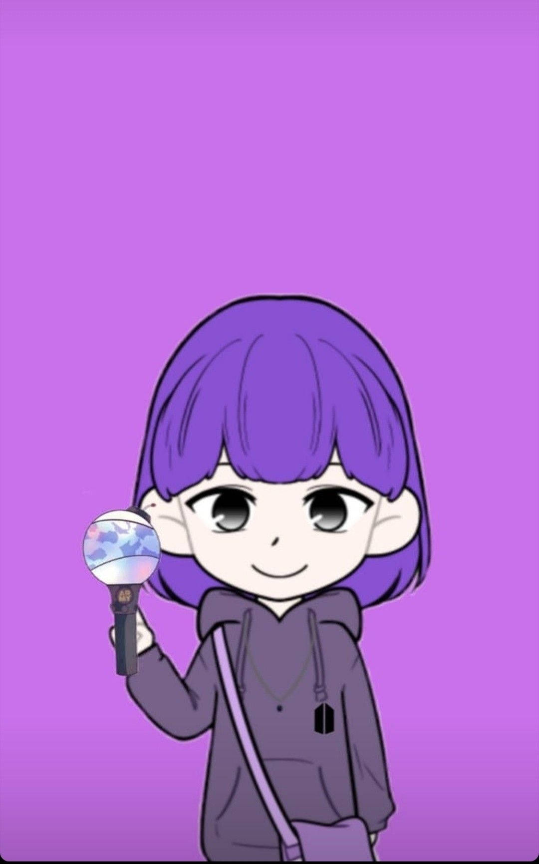 紫色頭髮的動漫女孩在紫色背景前拿著螢光棒 — BTS 防彈少年團 粉絲 女孩 GIF 壁紙