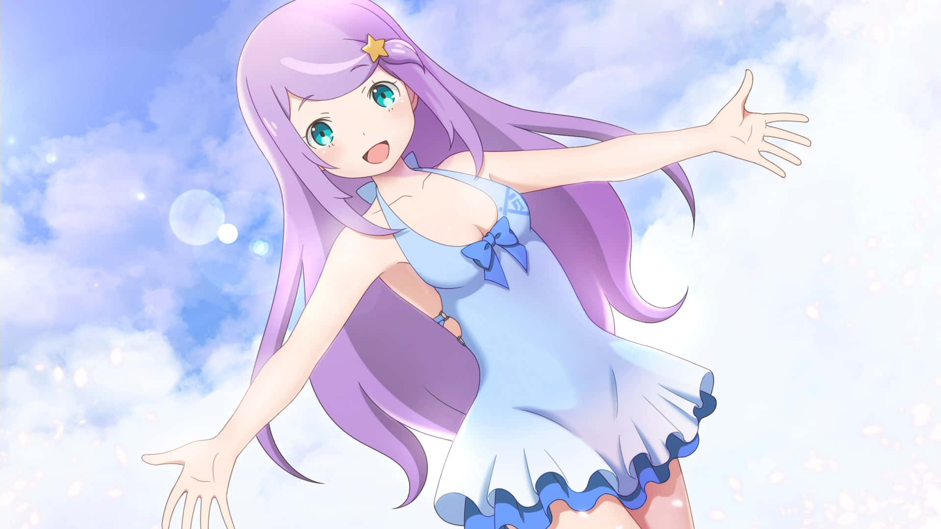 Anastasia Hoshin 桌布 壁紙 — 一個開心的動漫女孩，紫色頭髮，藍色連衣裙，在明亮的陰天天空下快樂地張開雙臂。
