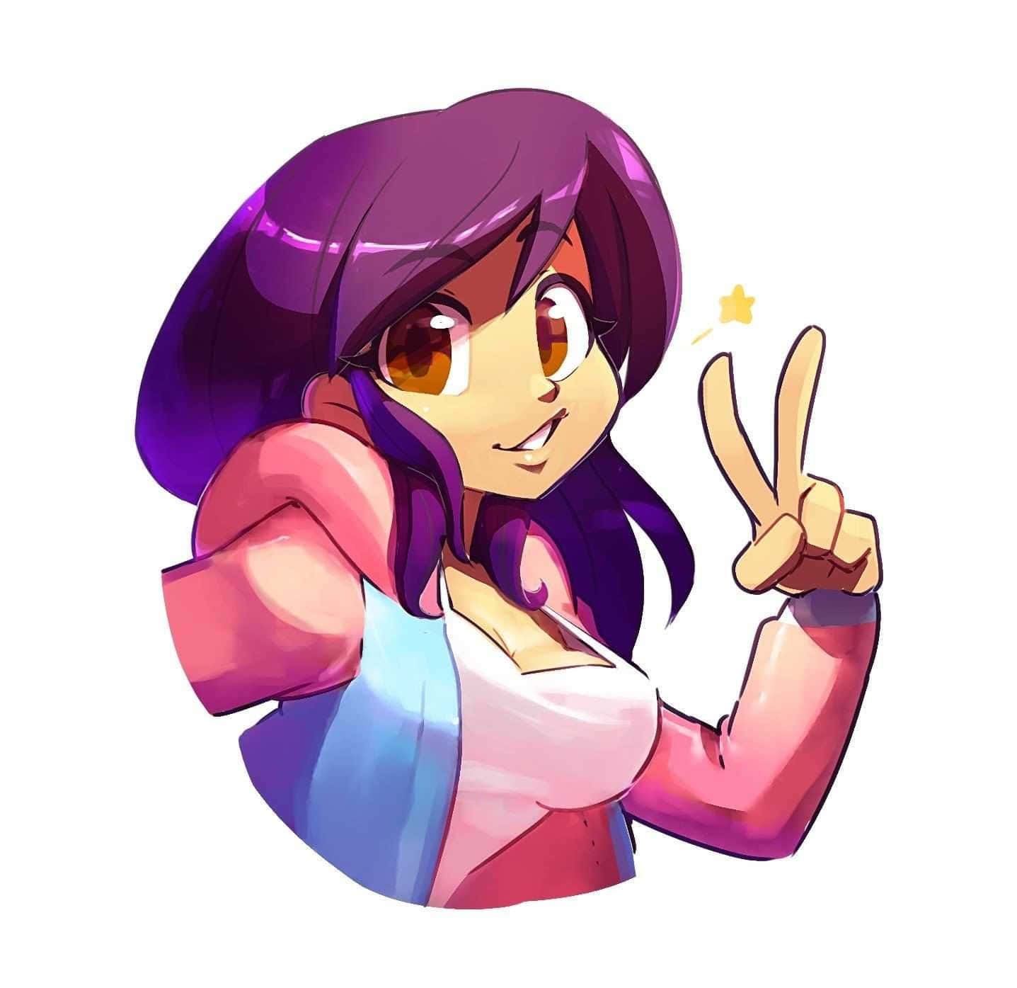 Aphmau 桌布 壁紙 — 一個開心的動漫女孩，紫色頭髮和橙色眼睛，旁邊有一顆明亮的星星，做出和平手勢。