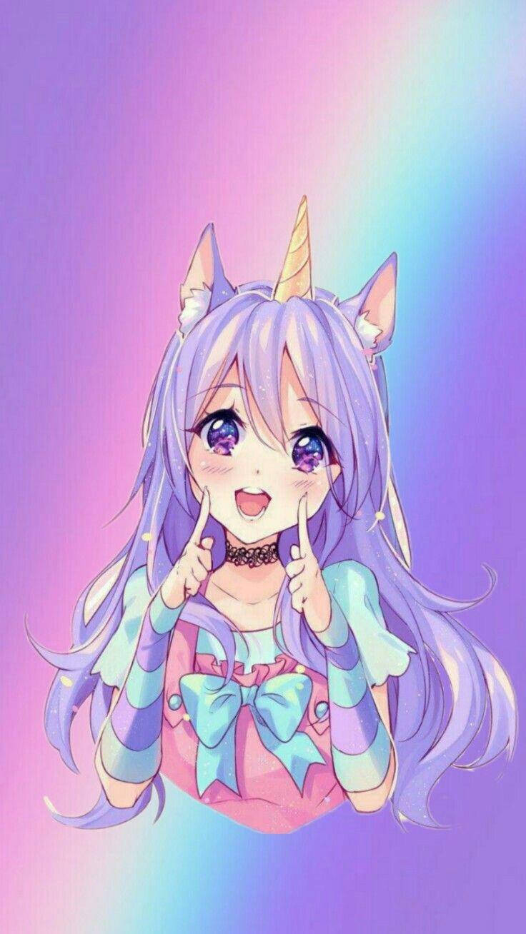 Kawaii Anime 桌布 壁紙 — 一個開心的動漫女孩，紫色頭髮和獨角獸角，微笑著將手指放在嘴唇上，背景是柔和漸變色。