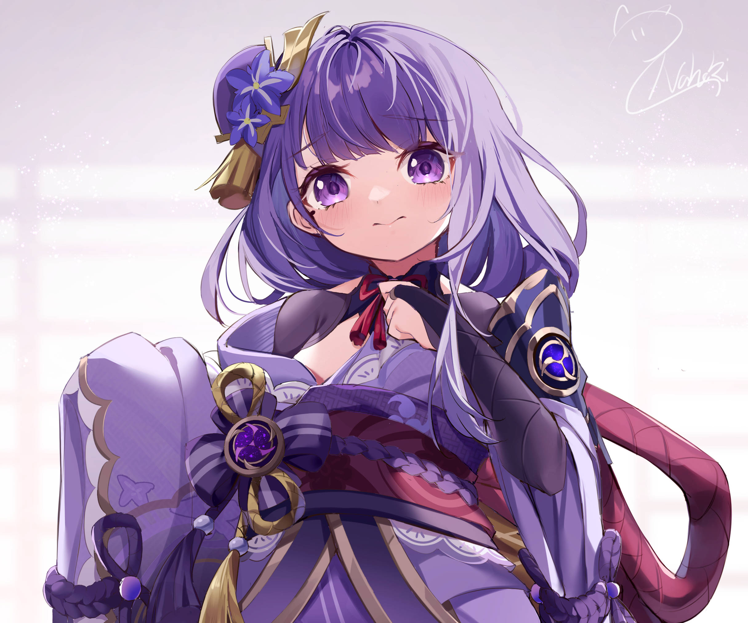Raiden Shogun 桌布 壁紙 — 一個開心的動漫女孩，紫色頭髮和眼睛，穿著詳細的紫色服裝，帶有金色點綴和紅色蝴蝶結。