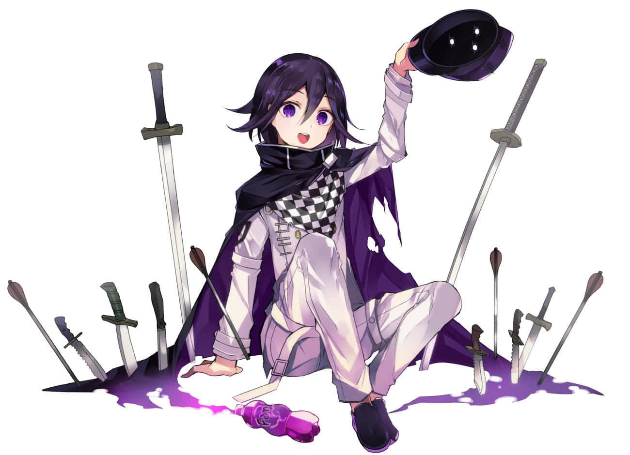 sword 桌布 壁紙 — 一個開心的動漫女孩，紫色頭髮和眼睛，坐在被劍和刀包圍的環境中，傾斜她的帽子。