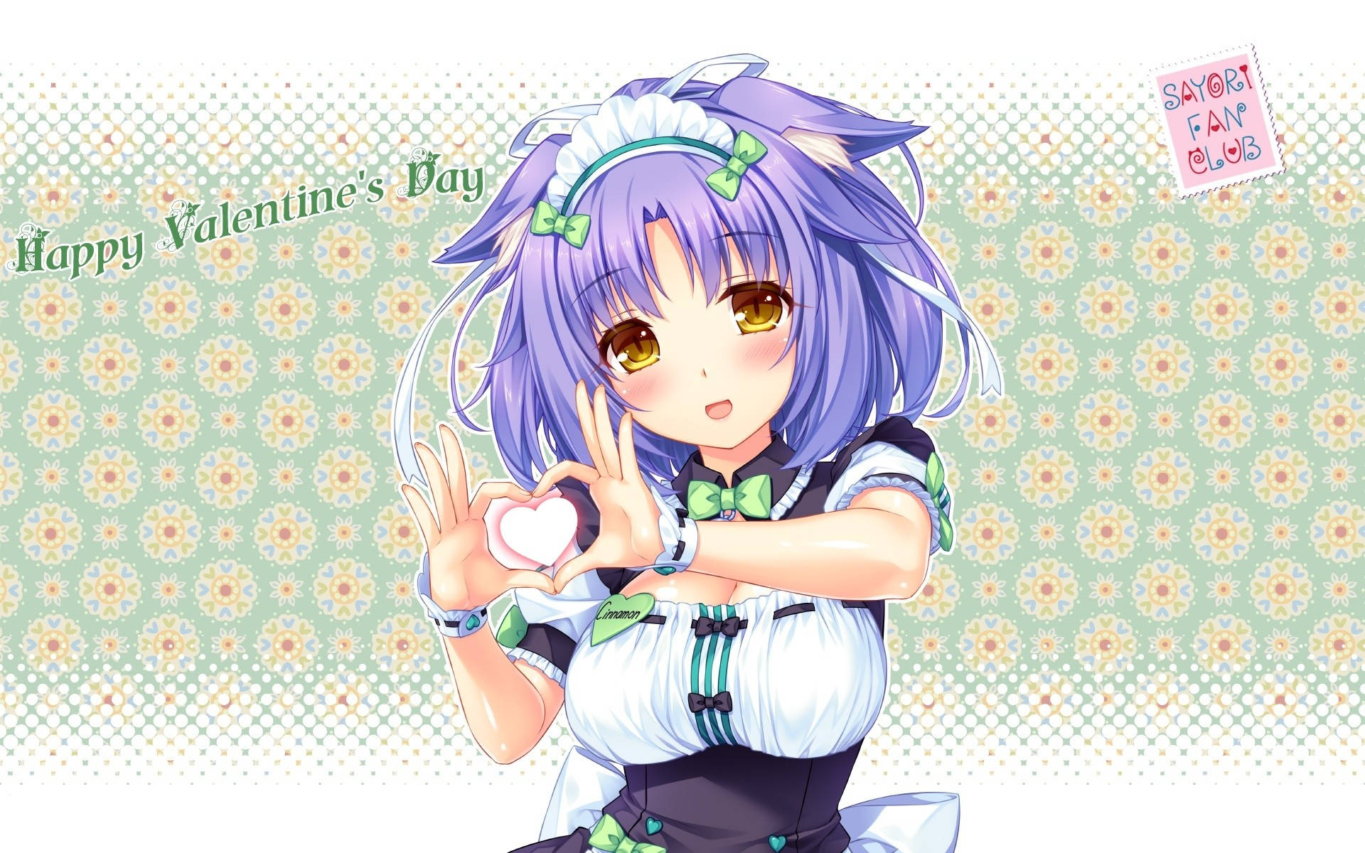 Nekopara 桌布 壁紙 — 一個開心的動漫女孩，紫色頭髮和綠色蝴蝶結，雙手比心，同時拿著一個粉紅色心形物體，背景是花卉圖案。