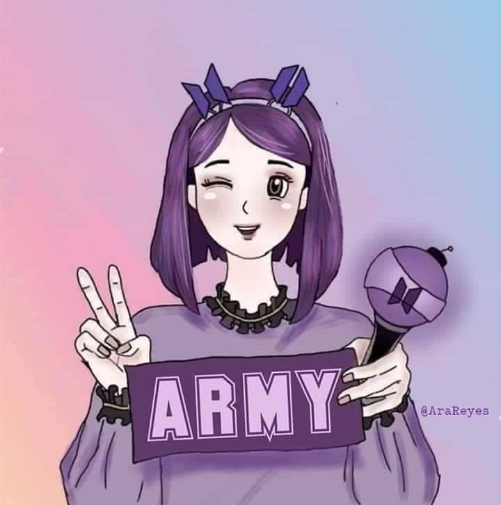 動漫女孩拿著ARMY牌子和麥克風，做出和平手勢。 — BTS 防彈少年團 粉絲 女孩 GIF 壁紙