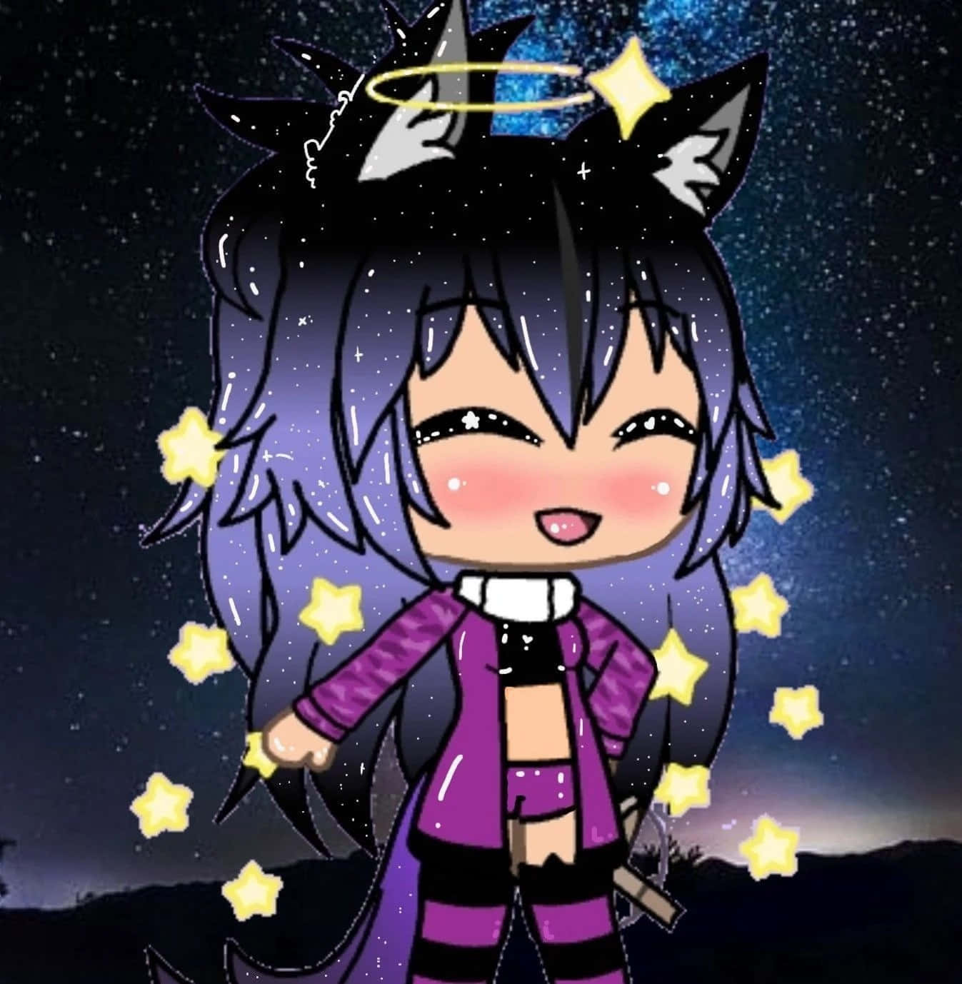 Gacha Life 桌布 壁紙 — 一個開心的動漫女孩，紫色頭髮和貓耳朵，站在星空下，周圍是發光的黃色星星。