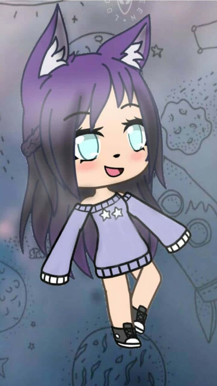 Gacha 桌布 壁紙 — 一個開心的動漫女孩，紫色頭髮和貓耳朵，在星空和星座的宇宙背景中漂浮微笑。