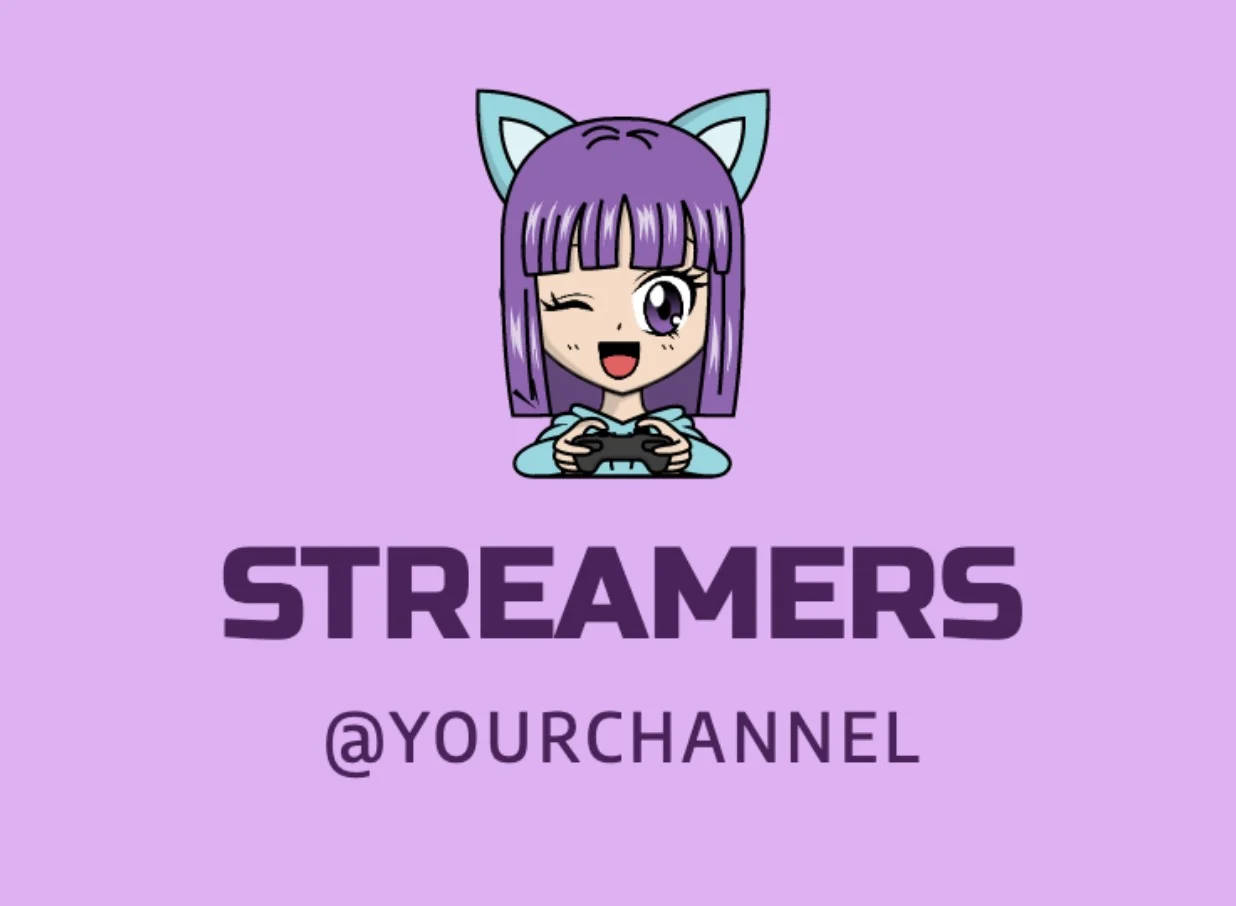Gamer Logo 桌布 壁紙 — 一個開心的動漫女孩，紫色頭髮和貓耳朵，在純色薰衣草背景前拿著遊戲控制器。