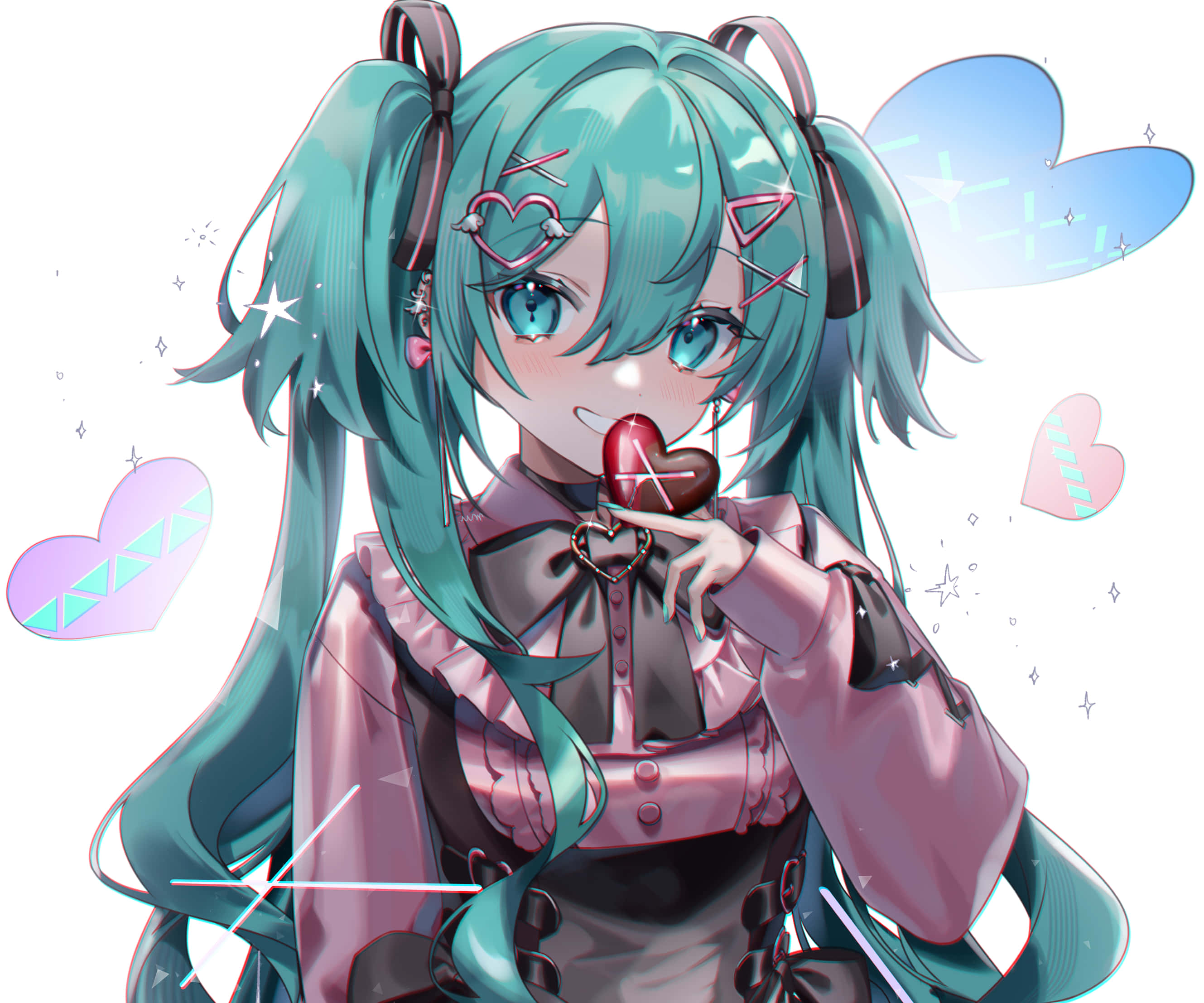 初音未來 桌布 壁紙 — 一個開心的動漫女孩，紮著青色雙馬尾，戴著耳機，手持一個心形時鐘，周圍漂浮著心形和閃光。