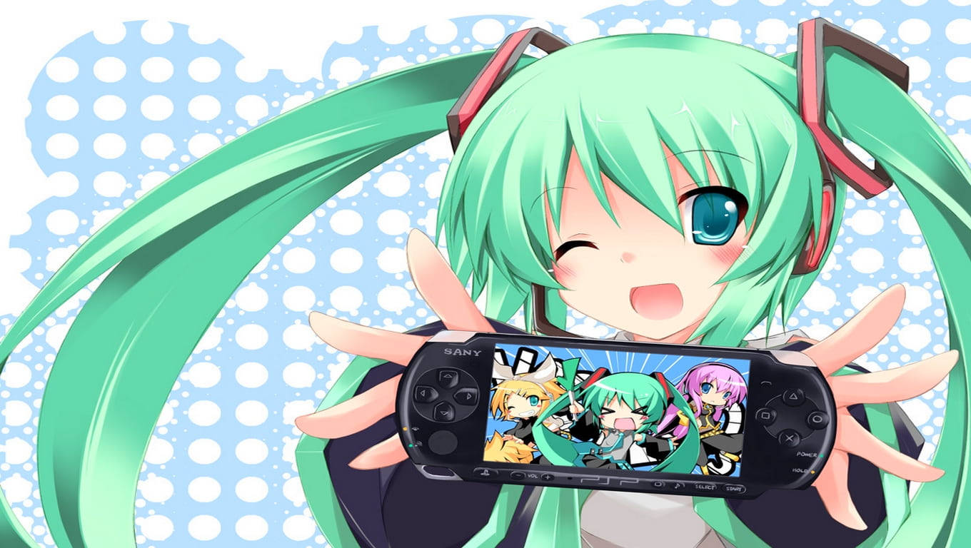 PlayStation 桌布 壁紙 — 一個開心的動漫女孩，綁著青綠色雙馬尾，在明亮的圓點背景前拿著一台顯示她和朋友的PSP。