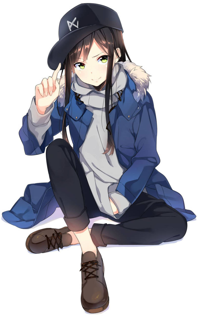 Tomboy Anime Girl 桌布 壁紙 — 一個開心的動漫女孩，綠色眼睛，盤腿而坐，穿著藍色外套和帽子，指著觀眾。
