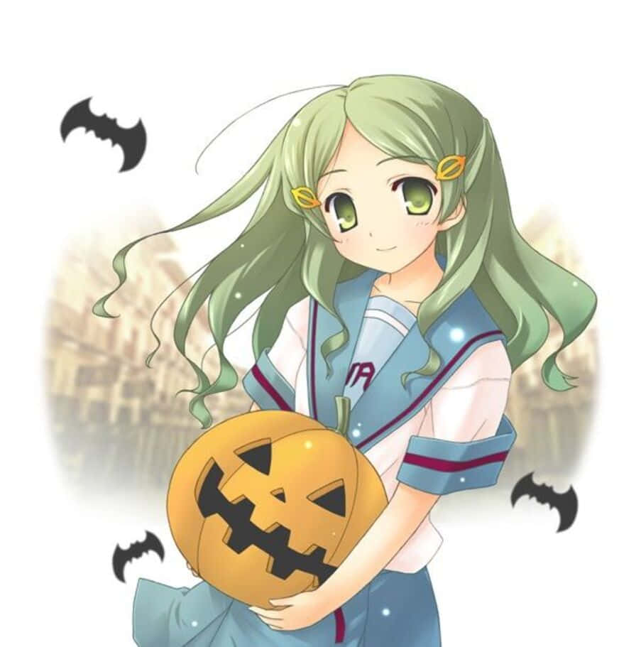 Emiri Kimidori 桌布 壁紙 — 一個開心的動漫女孩，綠色頭髮，手持發光的南瓜燈，蝙蝠在她周圍飛舞，營造出節日萬聖節場景。