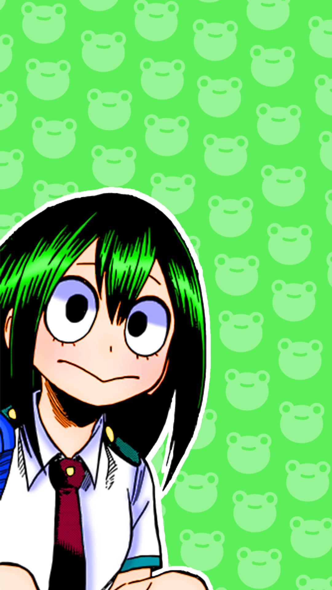 Froppy 桌布 壁紙 — 一個開心的動漫女孩，綠色頭髮和大眼睛，穿著校服，背景是綠色青蛙圖案。
