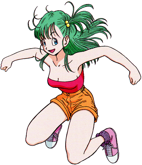 Dragon Ball Z Characters 桌布 壁紙 — 一個開心的動漫女孩，綠色頭髮紮成馬尾辮，穿著紅色上衣和橙色短褲，以動態姿勢向前跳躍。