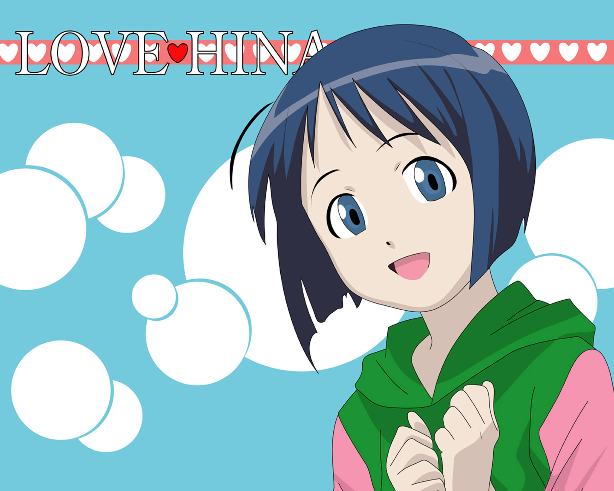 Hina 桌布 壁紙 — 一個開心的動漫女孩，藍眼睛、短黑髮，穿著綠色連帽衫，在淺藍色天空下微笑，背景有白雲和愛心。