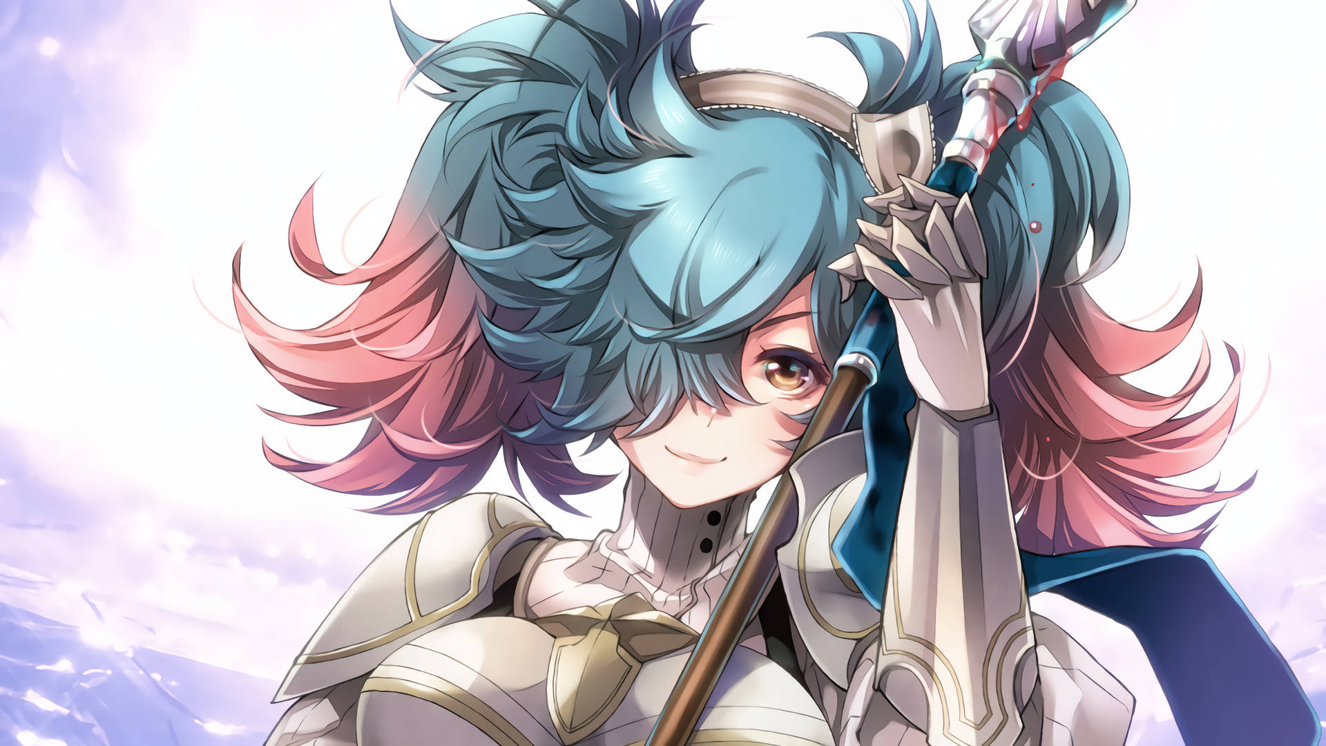 動漫女孩藍色和粉紅色頭髮在明亮的天空拿著法杖 — Fire Emblem Warriors 壁紙