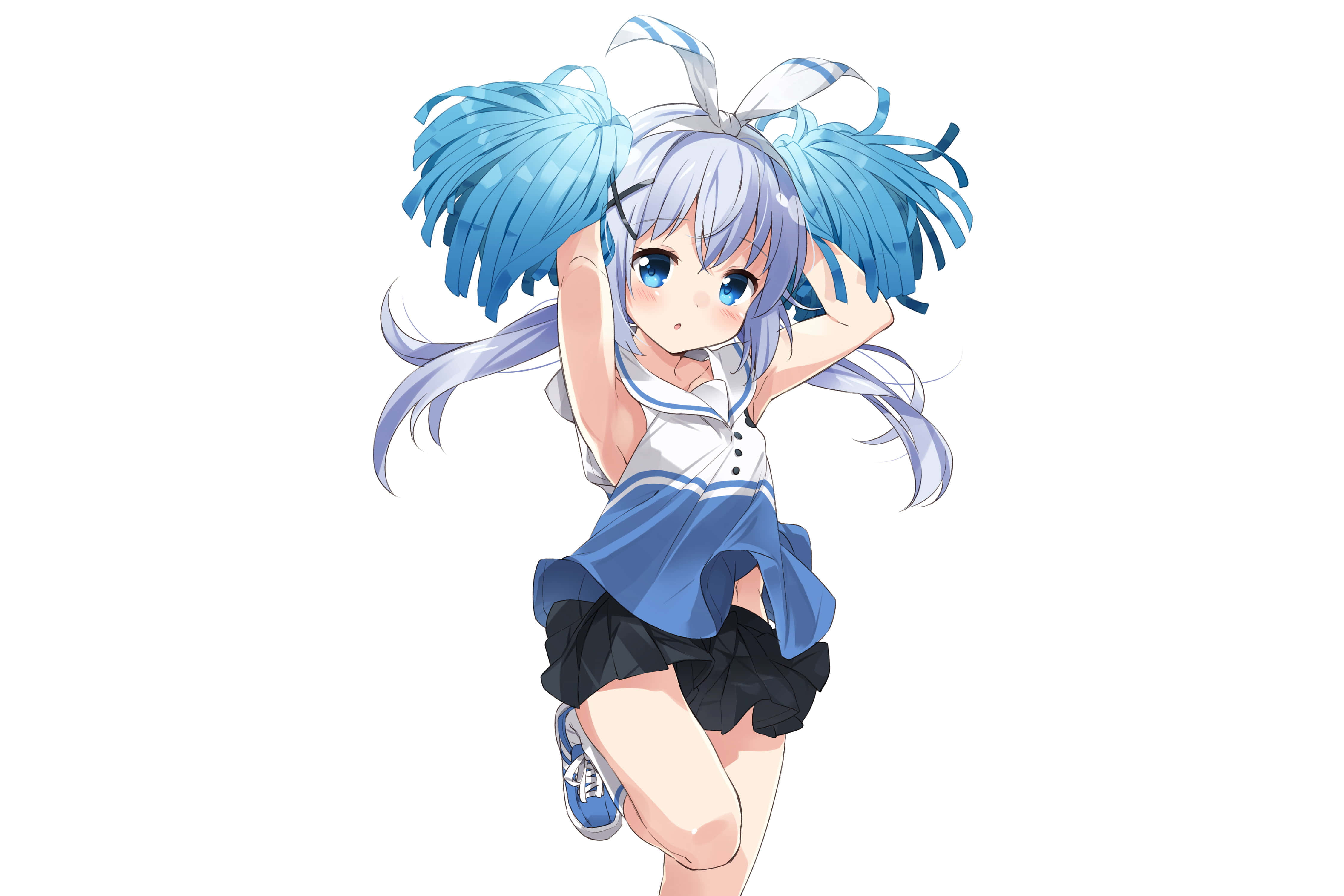 Cheer 桌布 壁紙 — 一個開心的動漫女孩，藍色雙馬尾，穿著水手服，在純白背景前俏皮地擺姿勢。