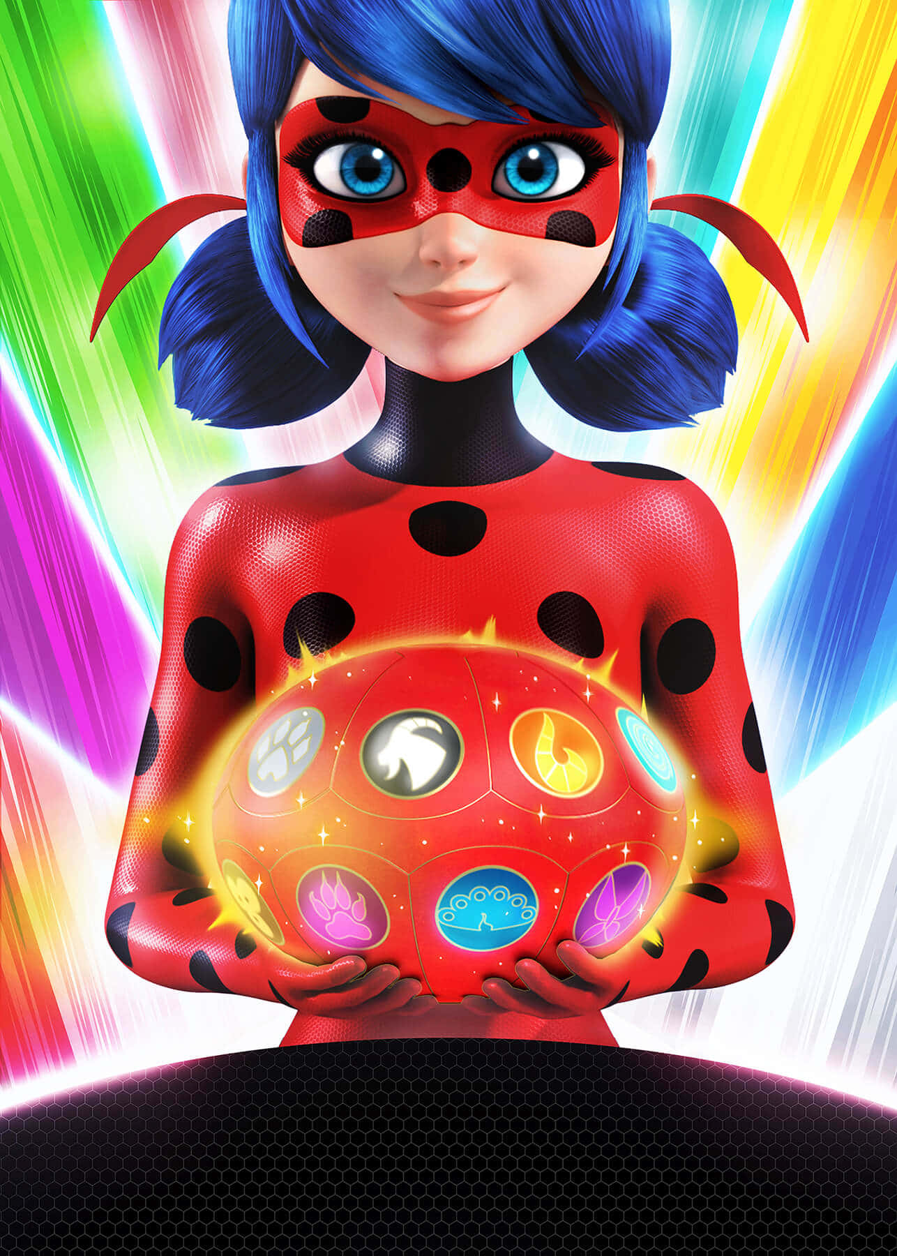 動漫超級英雄女孩手持帶有彩色符號的發光魔法球體。 — 瓢蟲少女 GIF 壁紙