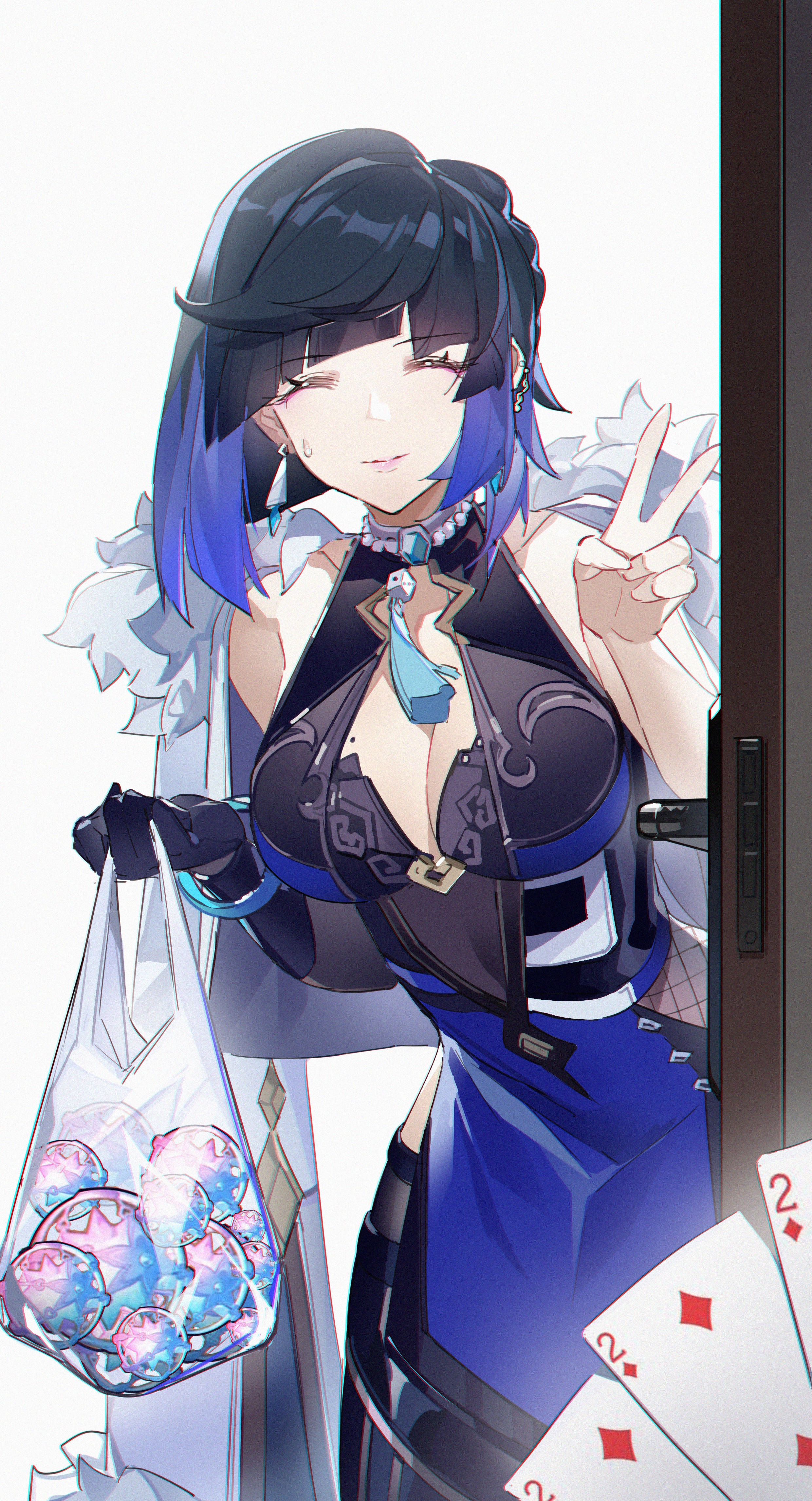 原神 蘇蘋 桌布 壁紙 — 一個開心的動漫女孩，藍色頭髮，黑色服裝，拿著一袋發光球體，在門口附近比出和平手勢。