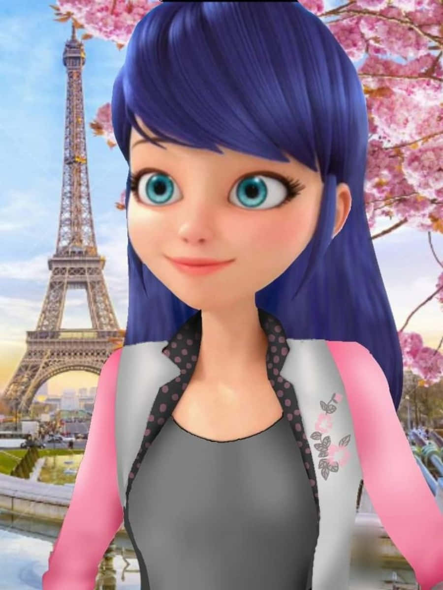 Miraculous 桌布 壁紙 — 一個開心的動漫女孩，藍色頭髮和明亮的眼睛，站在盛開櫻花下的艾菲爾鐵塔前。