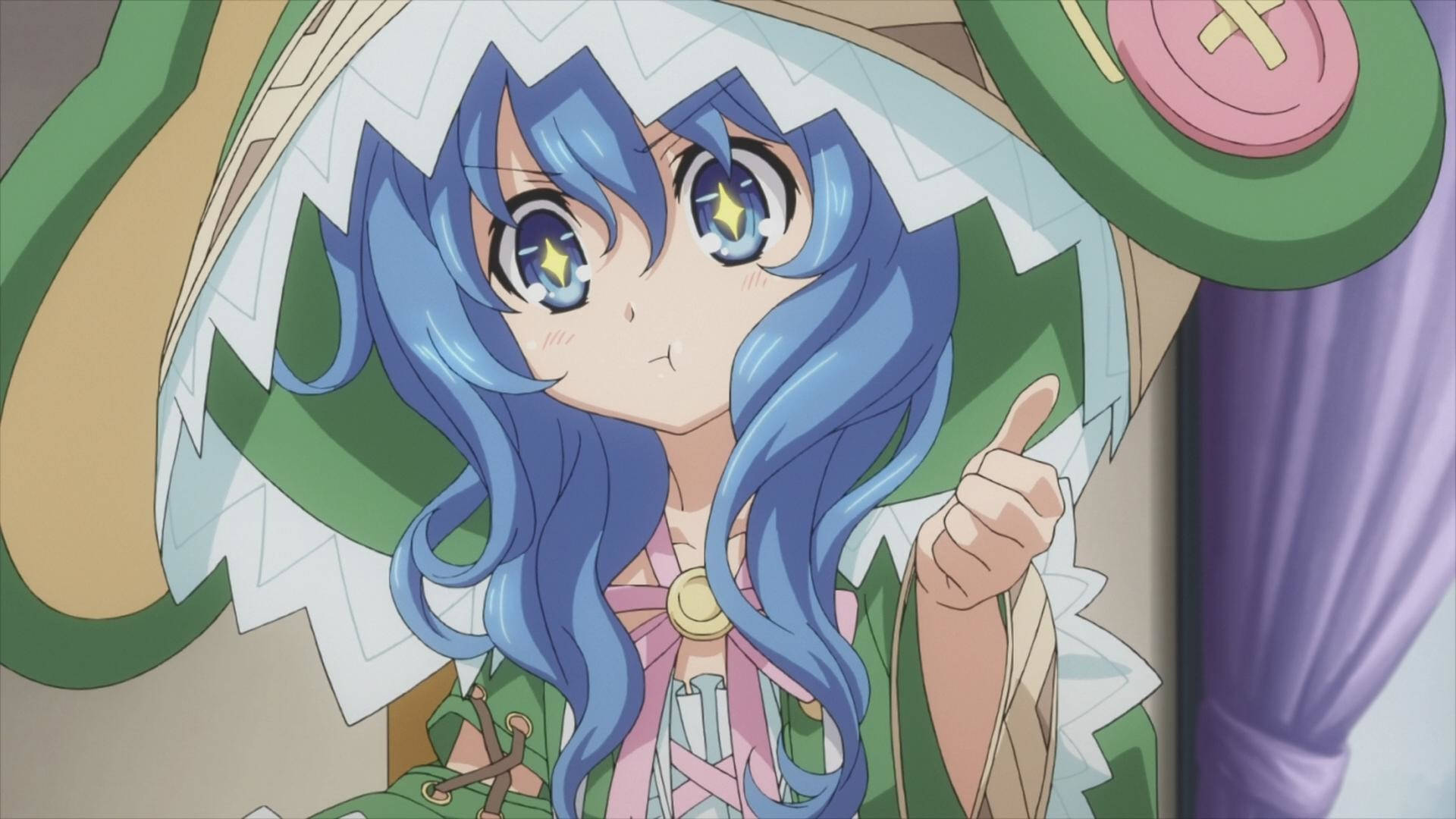 yoshino himekawa 桌布 壁紙 — 一個開心的動漫女孩，藍色頭髮和星星眼睛，戴著綠色和白色的帽子，豎起大拇指。