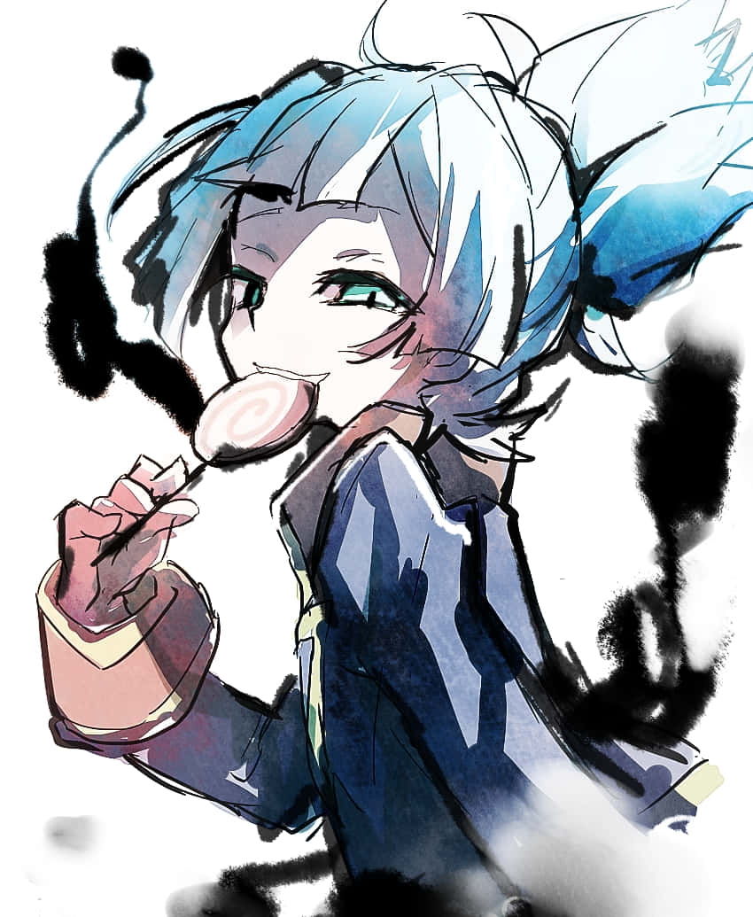 Sora Shiunin 桌布 壁紙 — 一個開心的動漫女孩，藍色頭髮和綠色眼睛，在煙霧白色背景前快樂地吃著粉紅色棒棒糖。