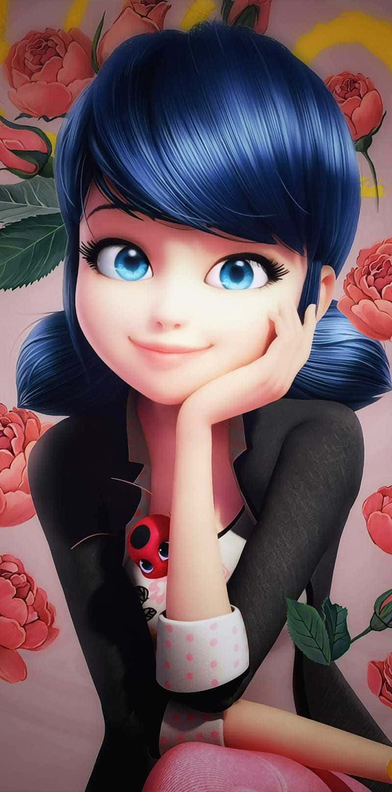 Marinette And Adrien 桌布 壁紙 — 一個開心的動漫女孩，藍色頭髮和藍色眼睛，將下巴擱在手上，背景是粉紅色的玫瑰。