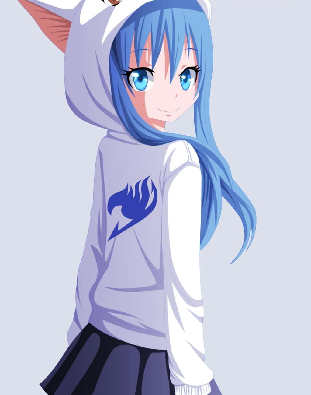 Wendy Marvell 桌布 壁紙 — 一個開心的動漫女孩，藍色頭髮和貓耳朵，穿著帶有火焰標誌的連帽衫，背景是純淺灰色。