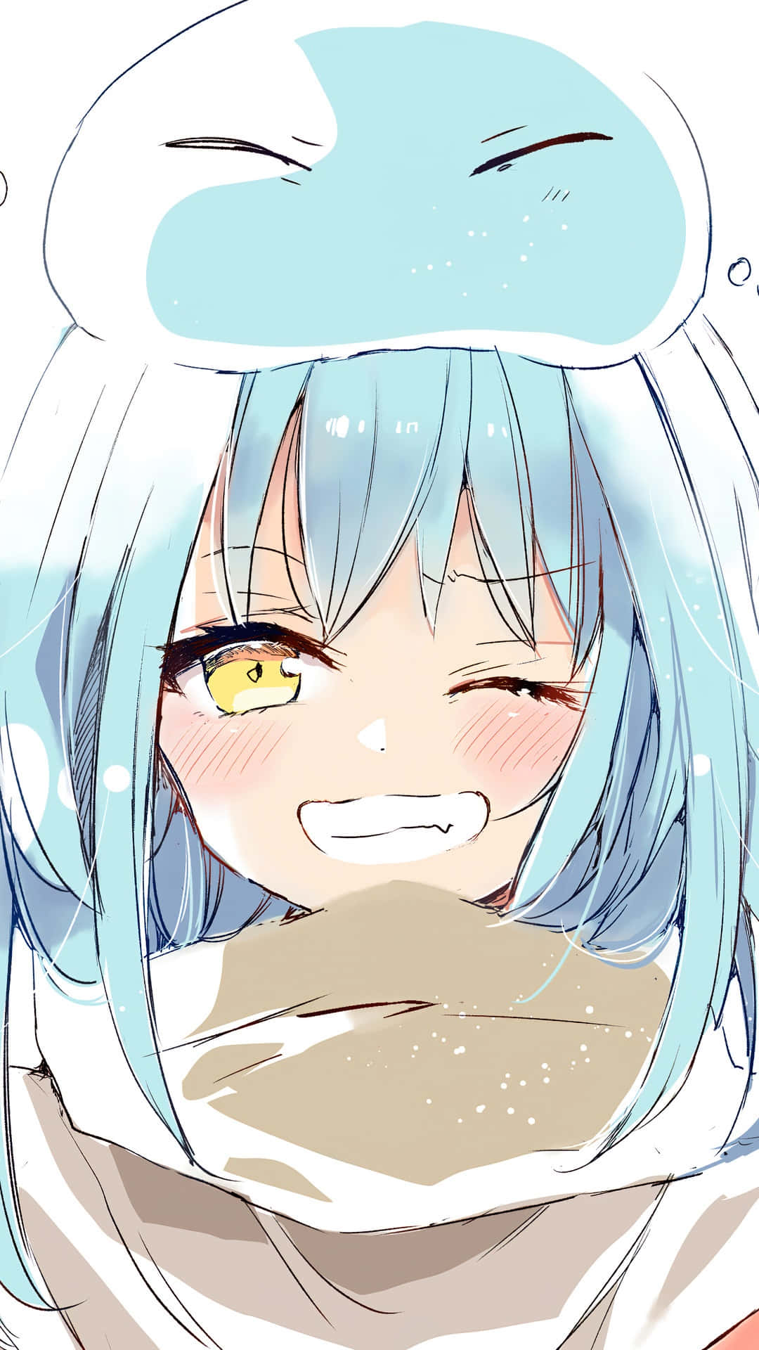 藍色頭髮和黃色眼睛的動漫女孩穿著冬季服裝微笑。 — 動漫角色 GIF 壁紙