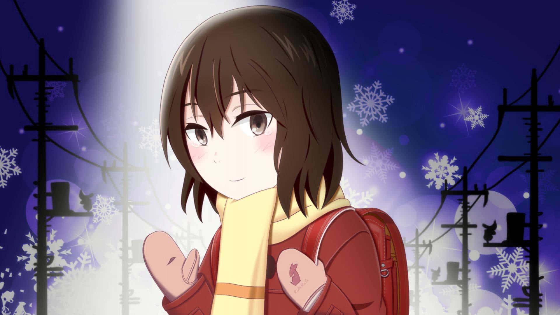 Erased 桌布 壁紙 — 一個開心的動漫女孩，身穿紅色外套和黃色圍巾，在雪夜背景下，閃爍的雪花和剪影般的電線襯托下，溫暖地微笑。