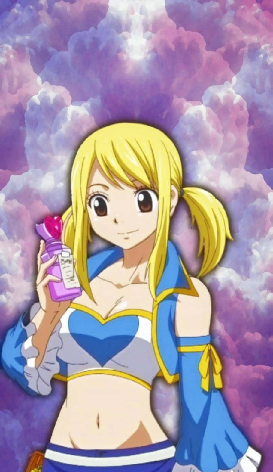 lucy heartfilia 桌布 壁紙 — 一個開心的動漫女孩，金色辮子，拿著藥水瓶，背景是旋轉的紫色和白色雲朵。