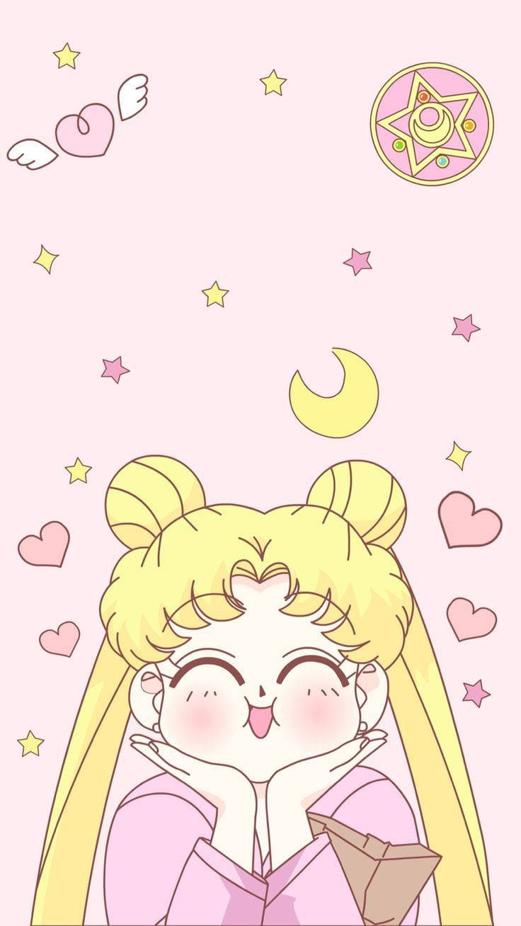 金色雙馬尾的動漫女孩，雙手托腮微笑，周圍有星星、心形和彎月。 — 美少女戰士 GIF 壁紙
